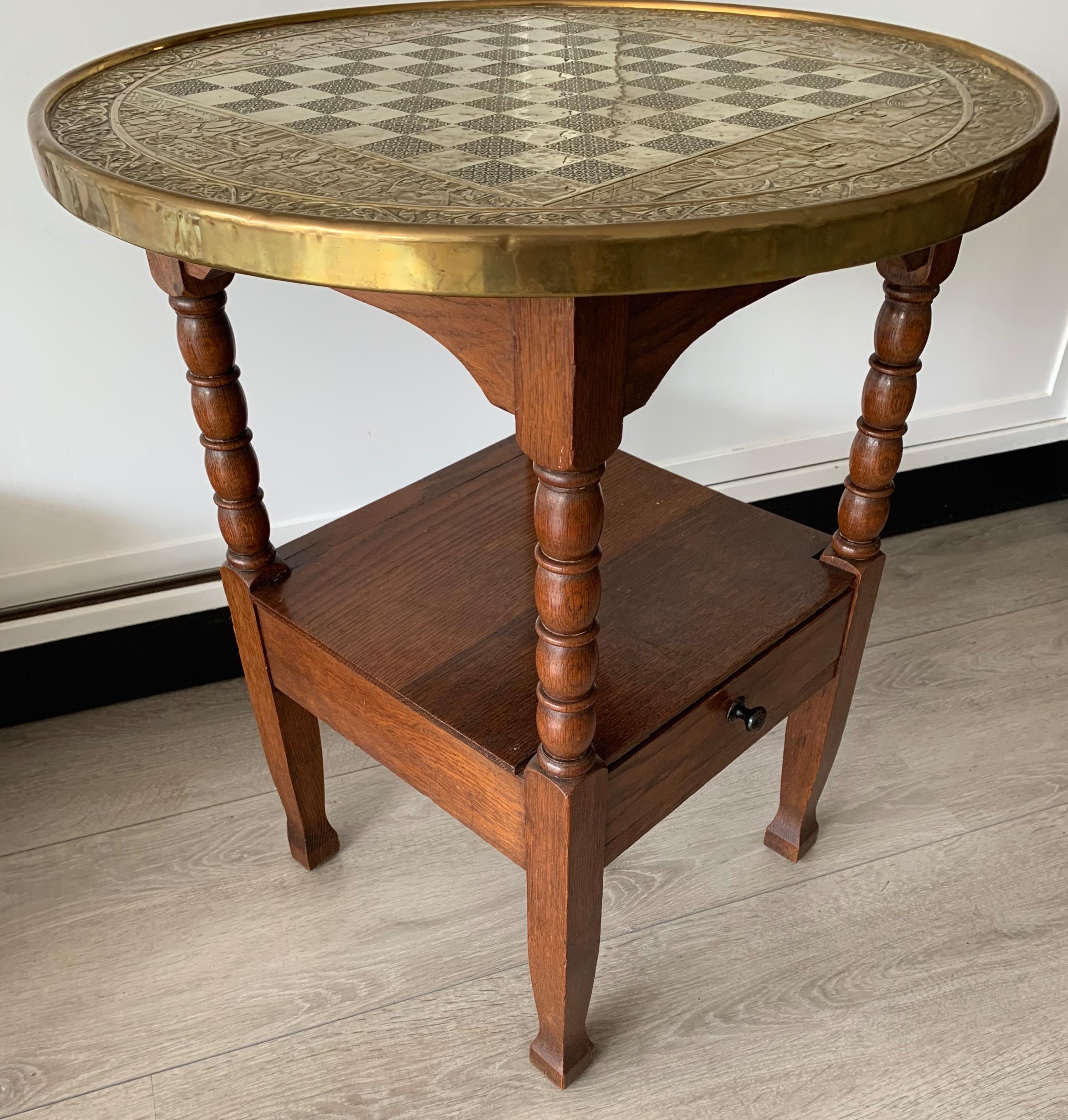 Early 1900s Dutch Arts & Crafts Checkers/Draughts Table with Embossed Brass Top 7