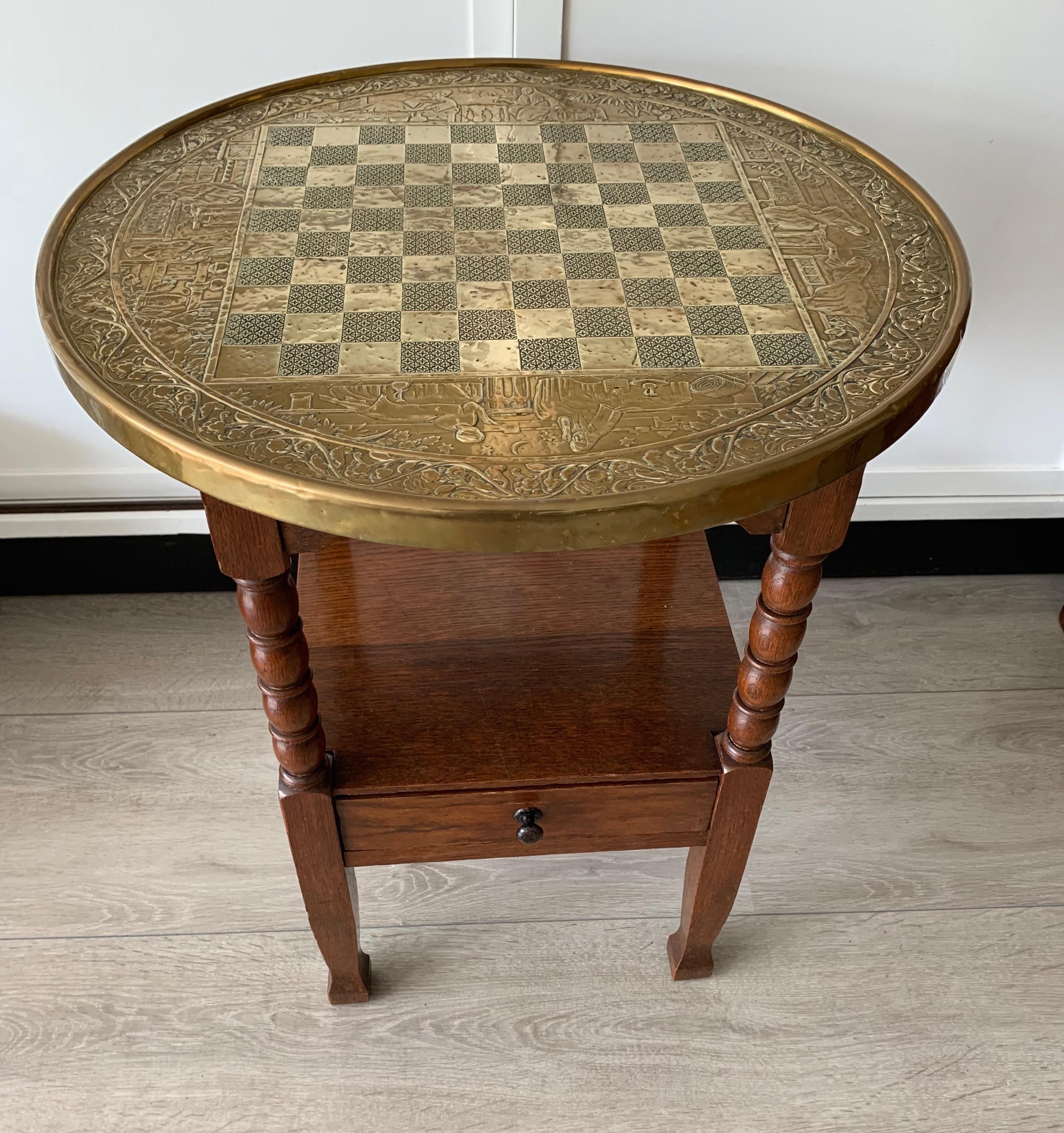 Early 1900s Dutch Arts & Crafts Checkers/Draughts Table with Embossed Brass Top 8
