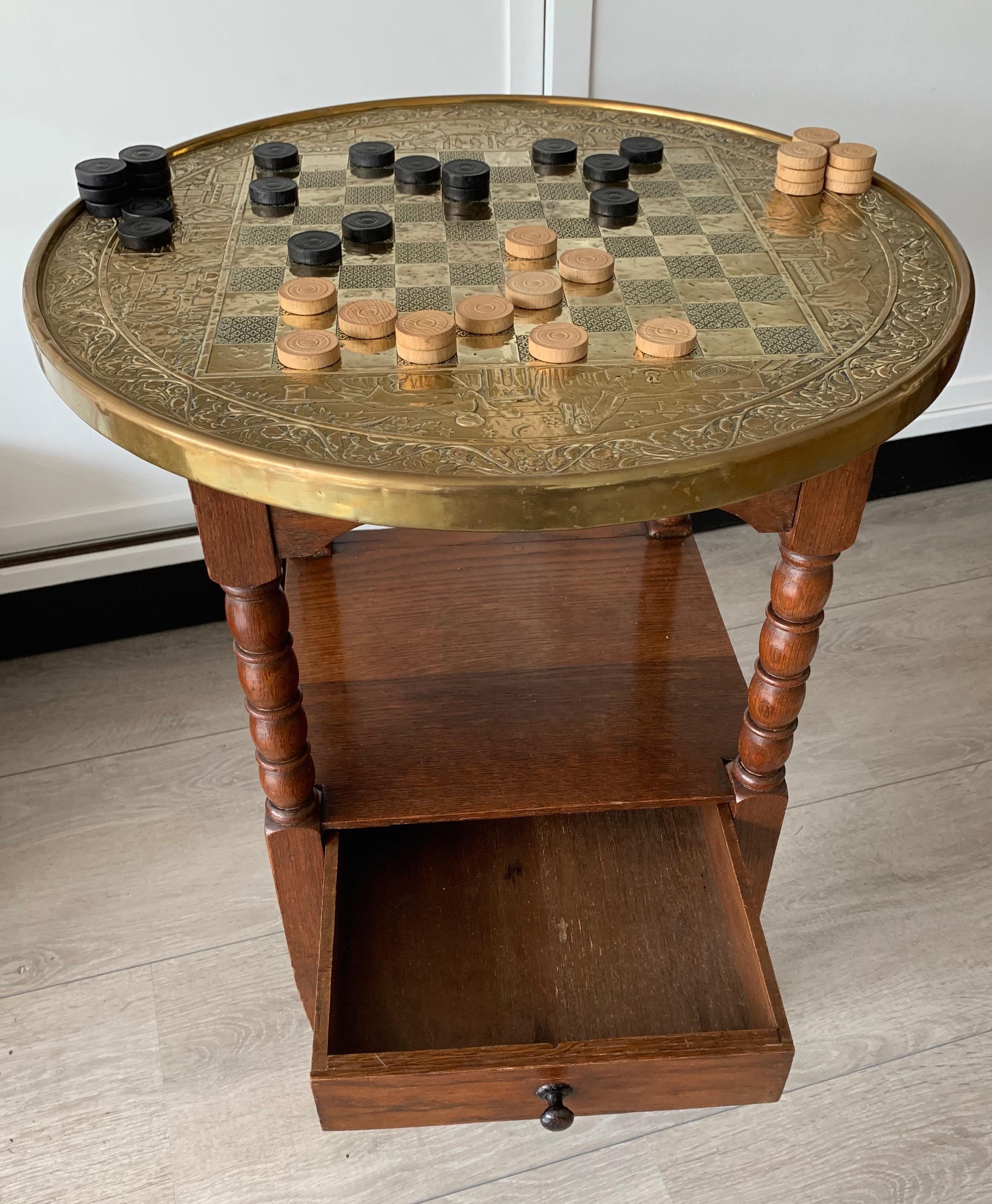 20th Century Early 1900s Dutch Arts & Crafts Checkers/Draughts Table with Embossed Brass Top