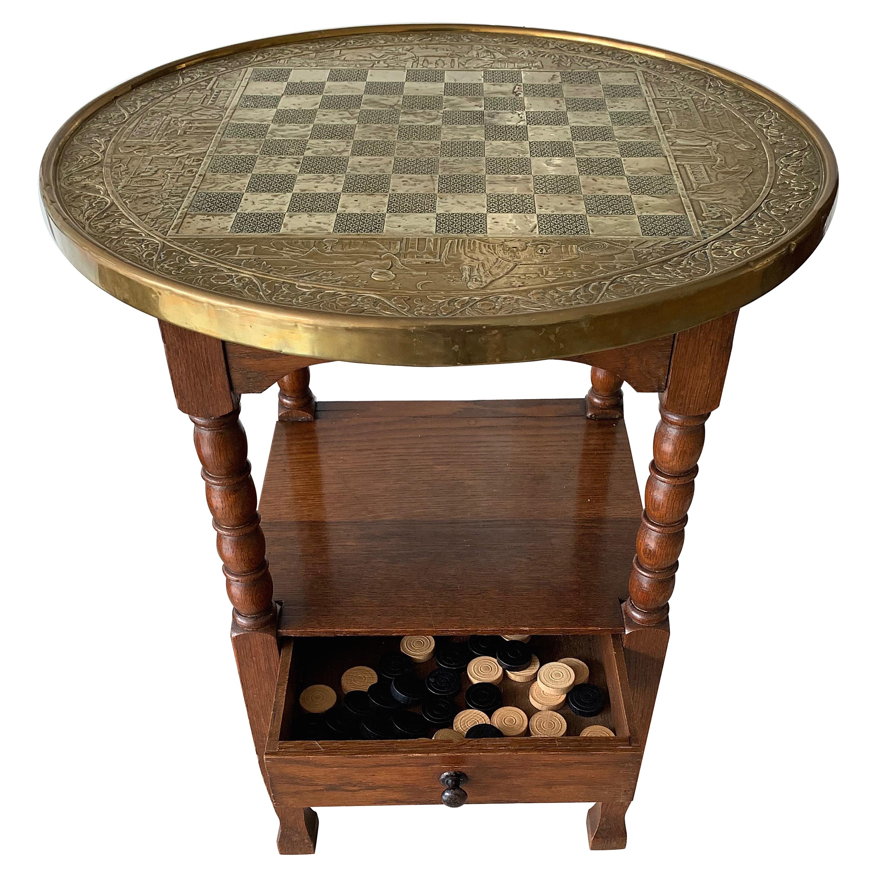 Early 1900s Dutch Arts & Crafts Checkers/Draughts Table with Embossed Brass Top