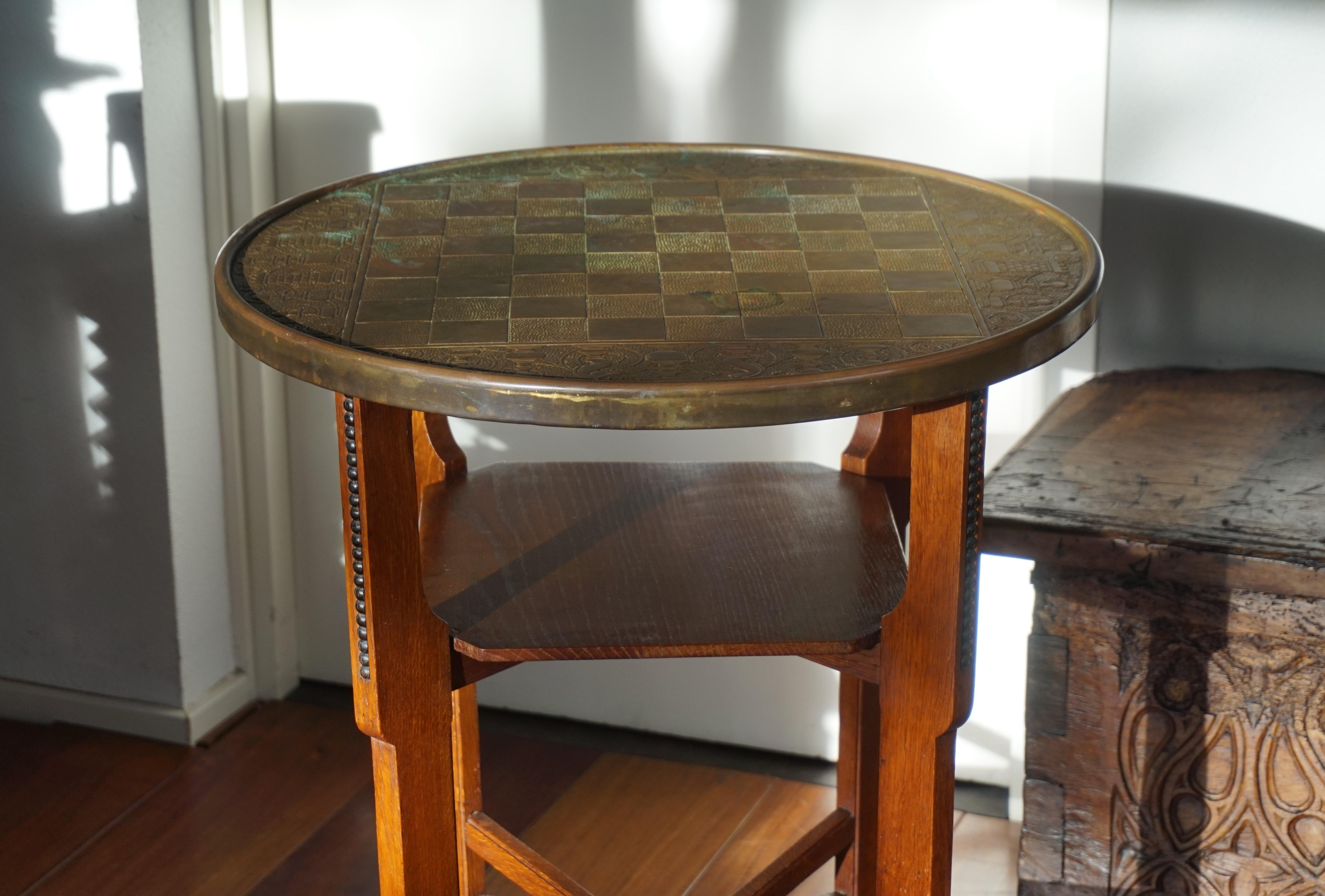 Early 1900s Dutch Arts and Crafts Chess Table with Embossed Brass Chess Pieces 3