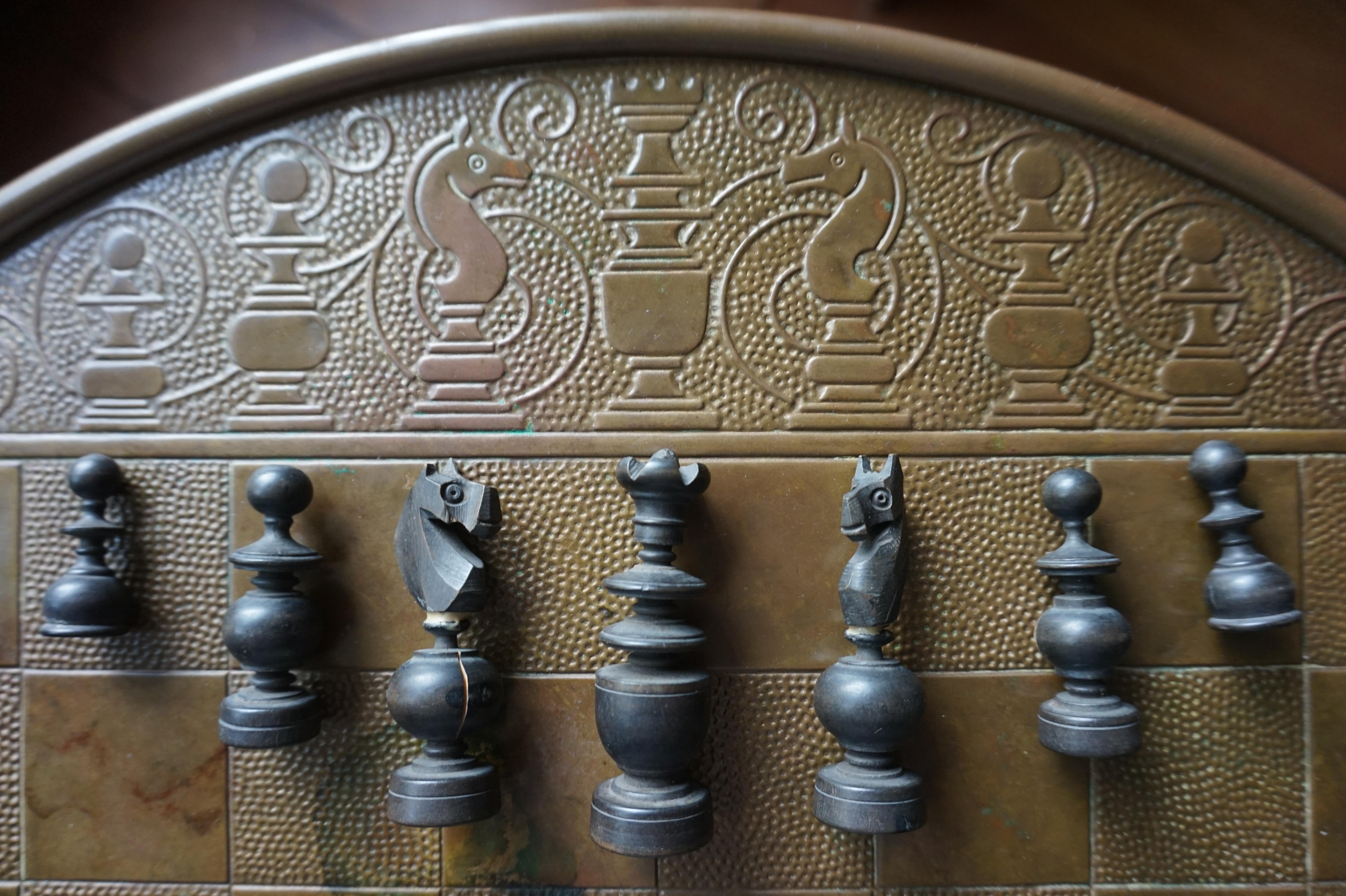 20th Century Early 1900s Dutch Arts and Crafts Chess Table with Embossed Brass Chess Pieces