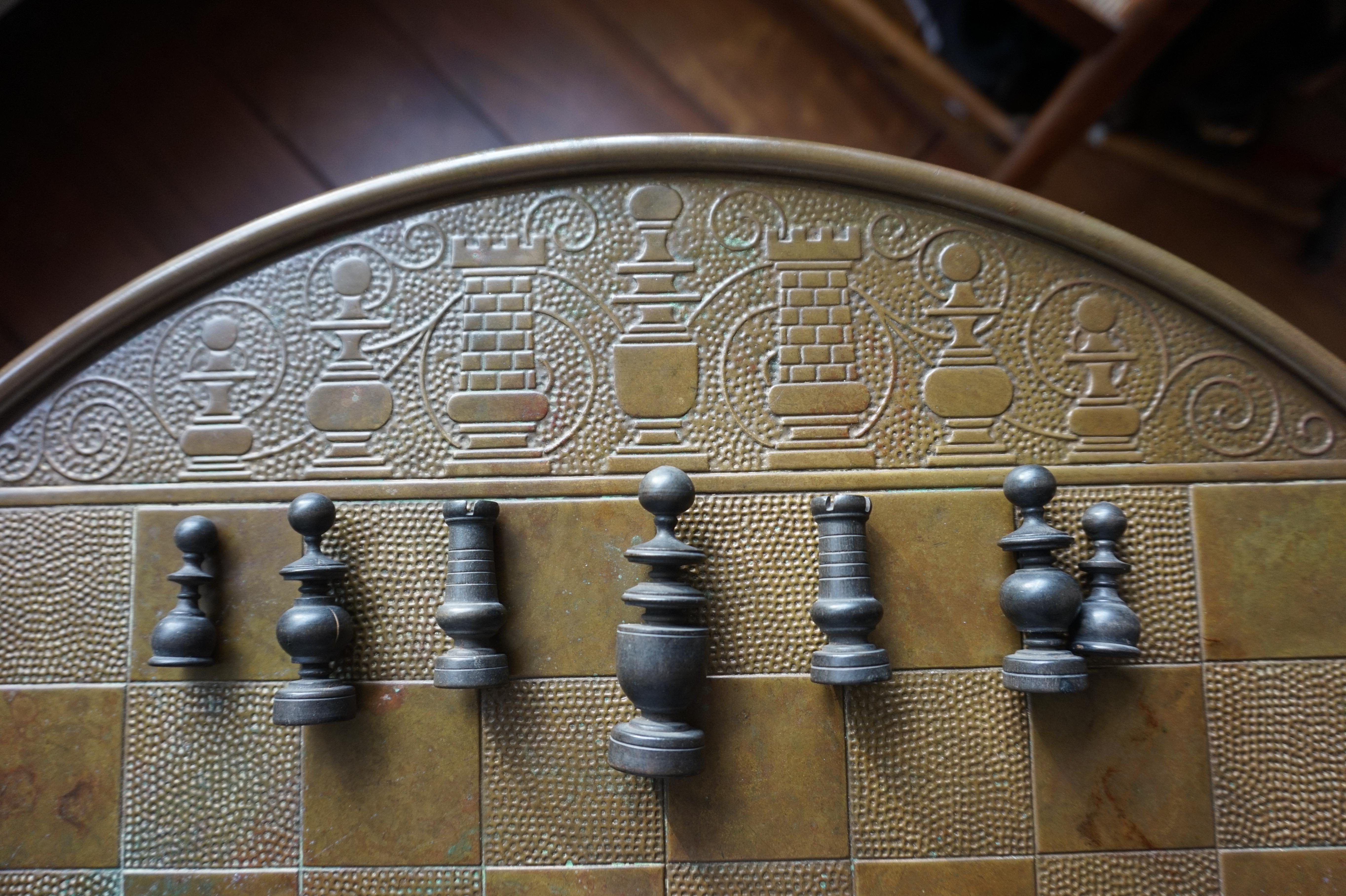Early 1900s Dutch Arts and Crafts Chess Table with Embossed Brass Chess Pieces 1