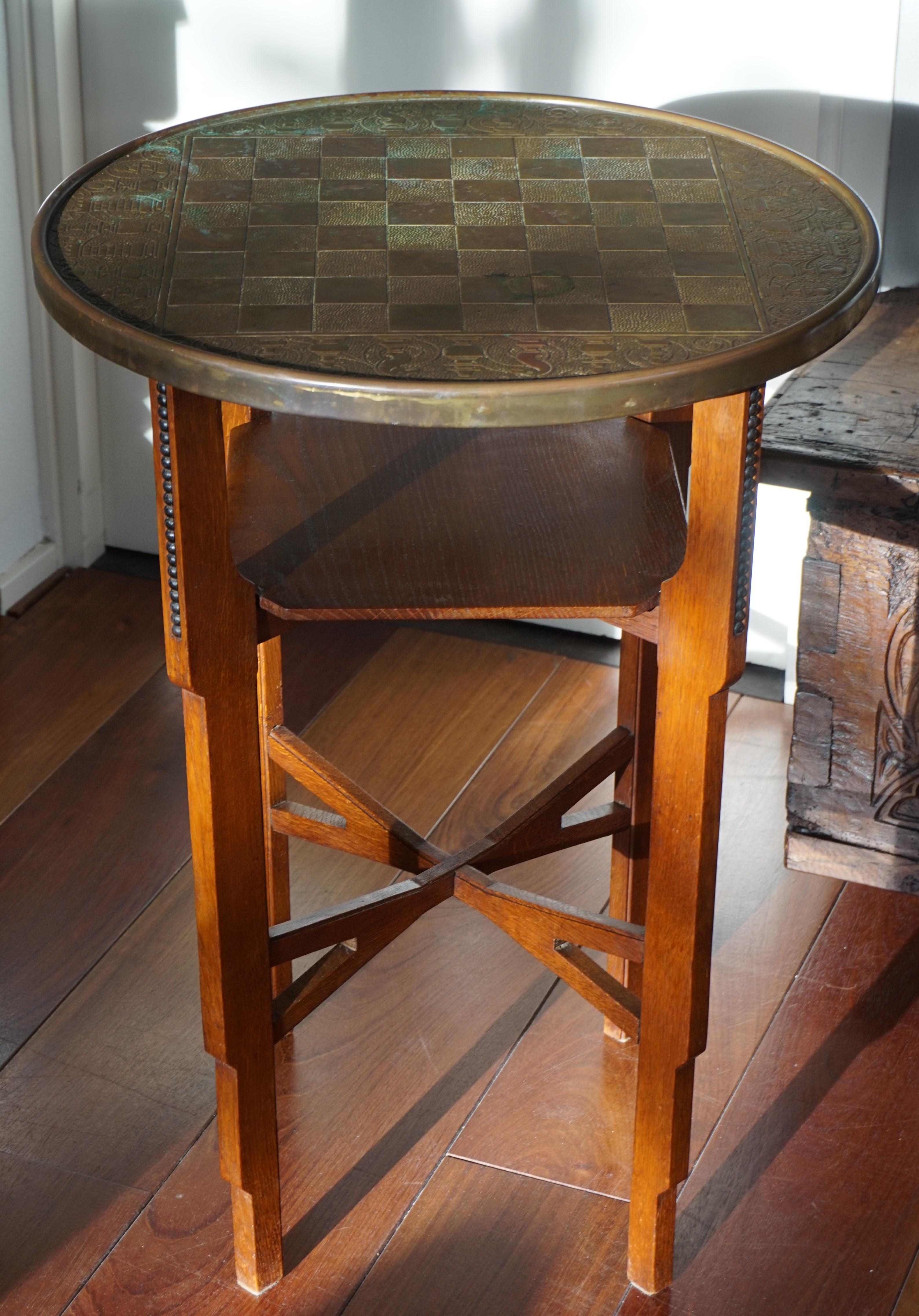 Early 1900s Dutch Arts and Crafts Chess Table with Embossed Brass Chess Pieces 2