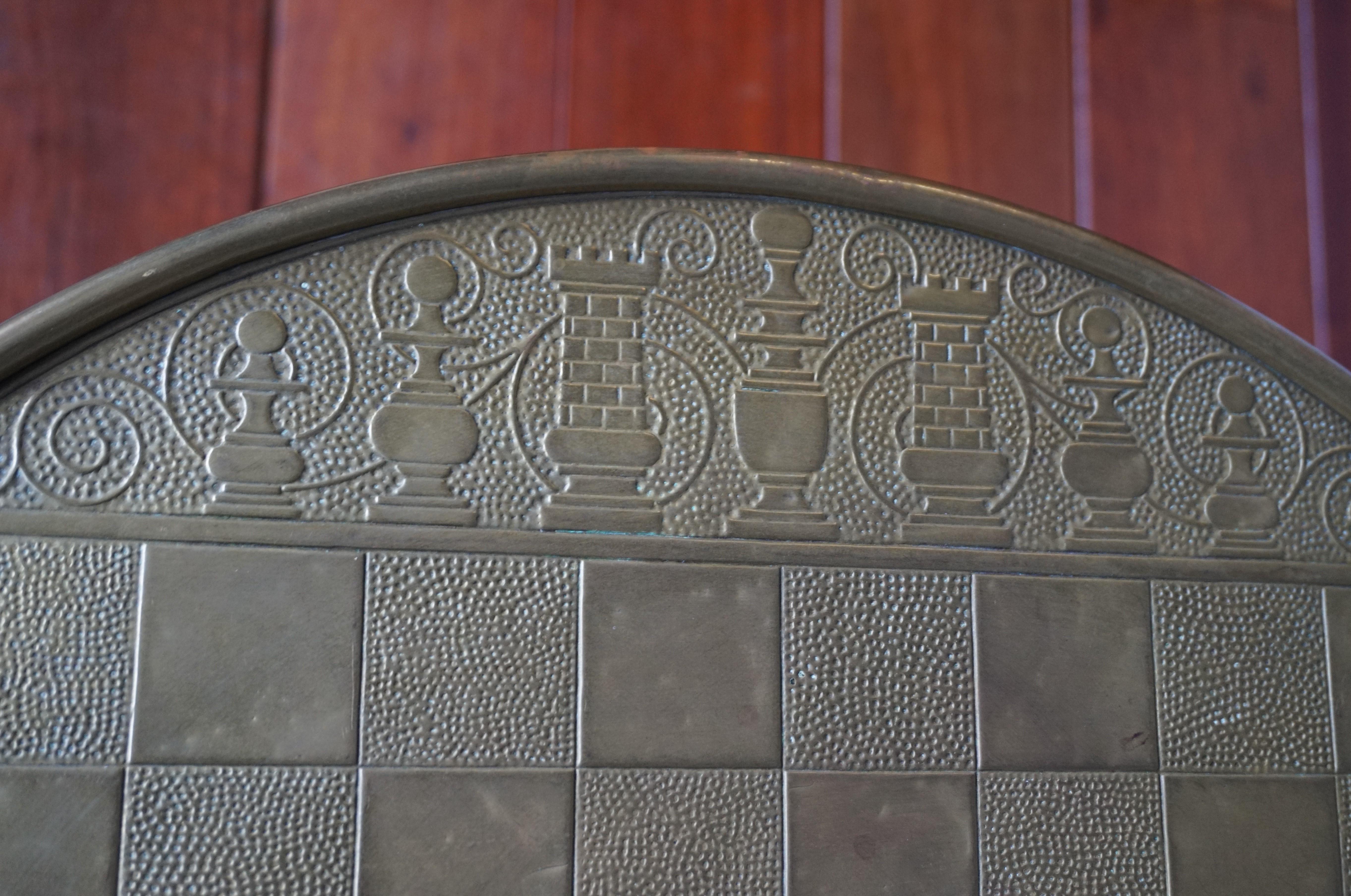 Early 1900s Dutch Arts and Crafts Chess Table with Drawer and Embossed Brass Top For Sale 6