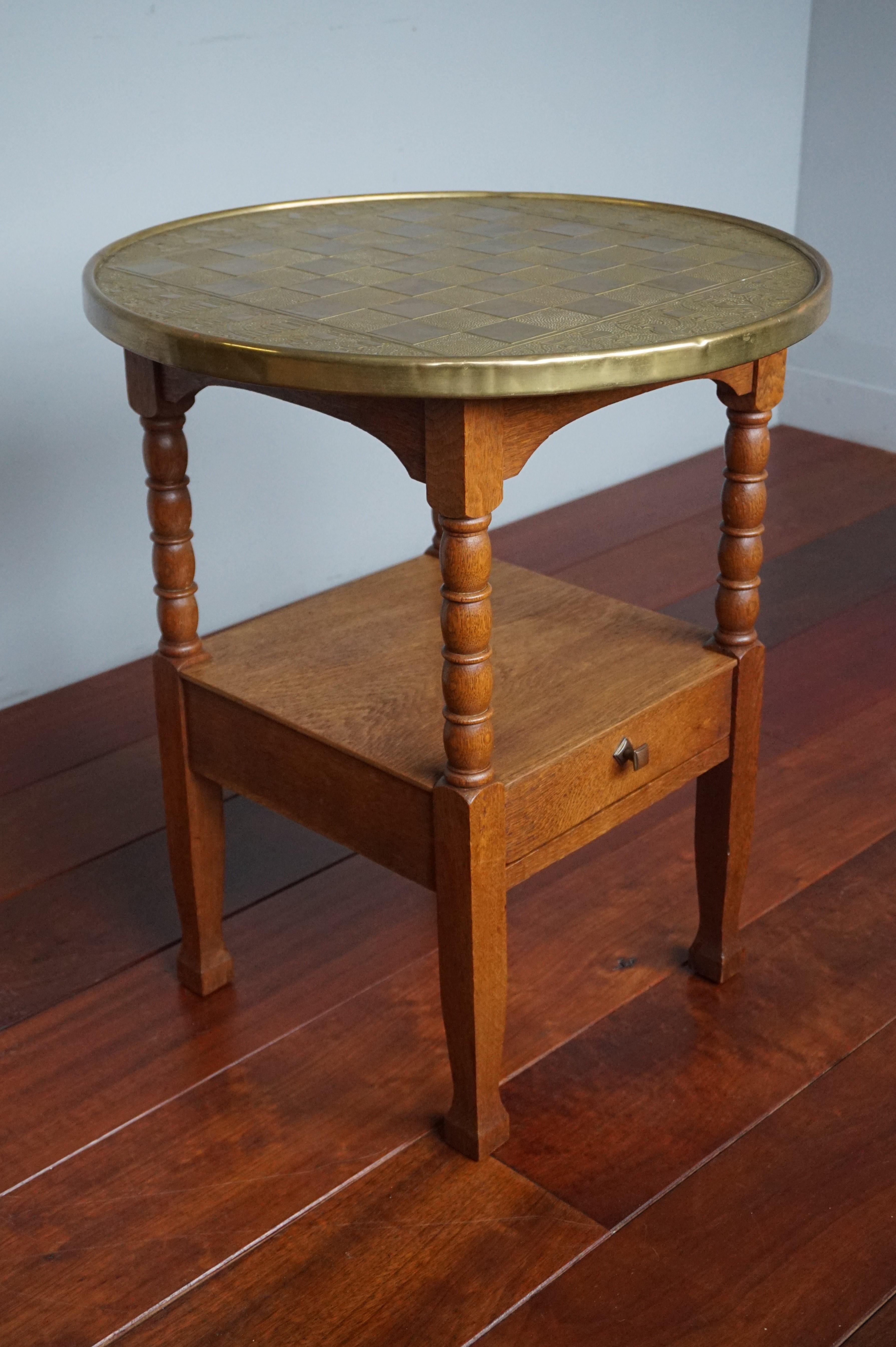 Early 1900s Dutch Arts and Crafts Chess Table with Drawer and Embossed Brass Top For Sale 7
