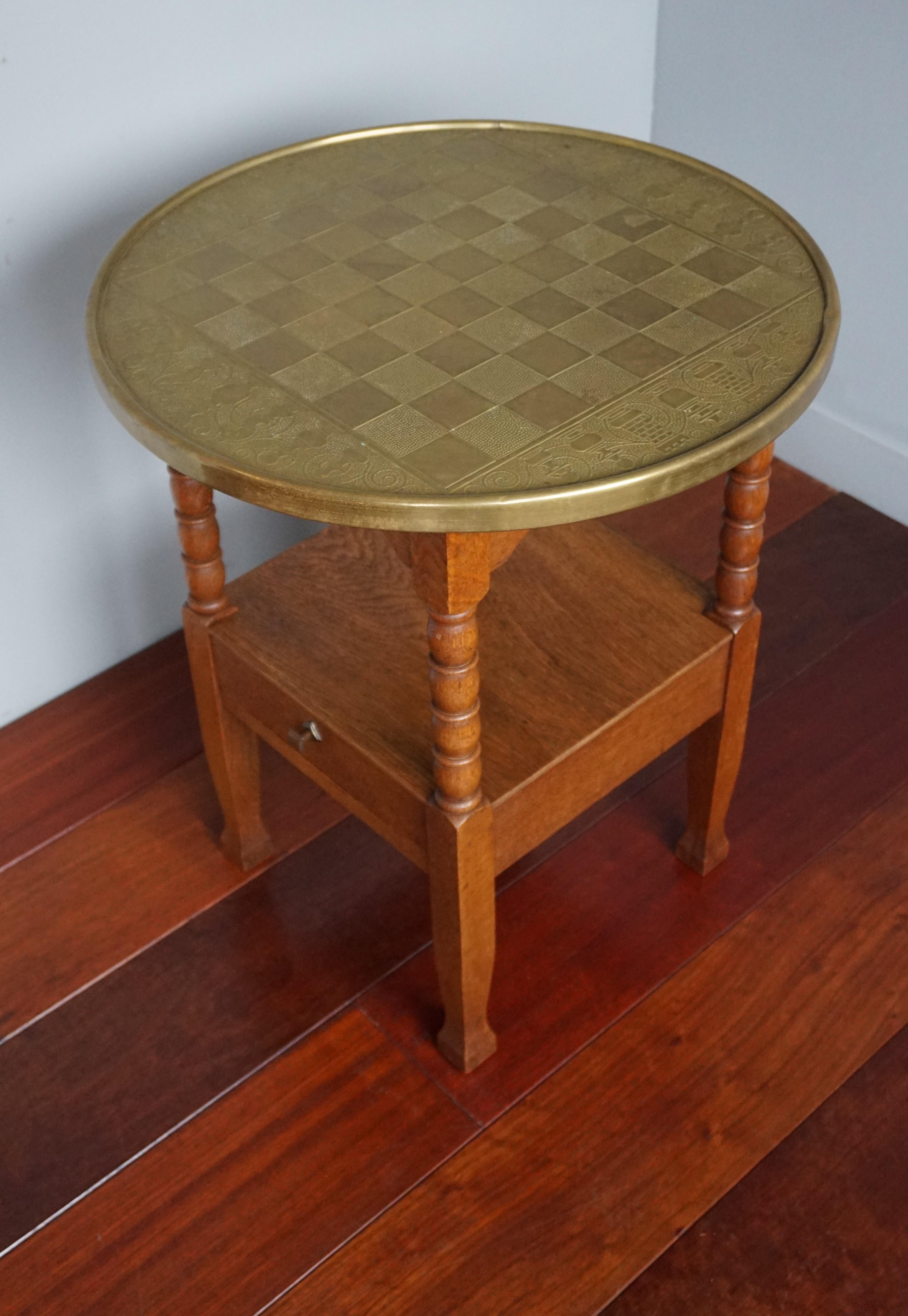 Early 1900s Dutch Arts and Crafts Chess Table with Drawer and Embossed Brass Top For Sale 9