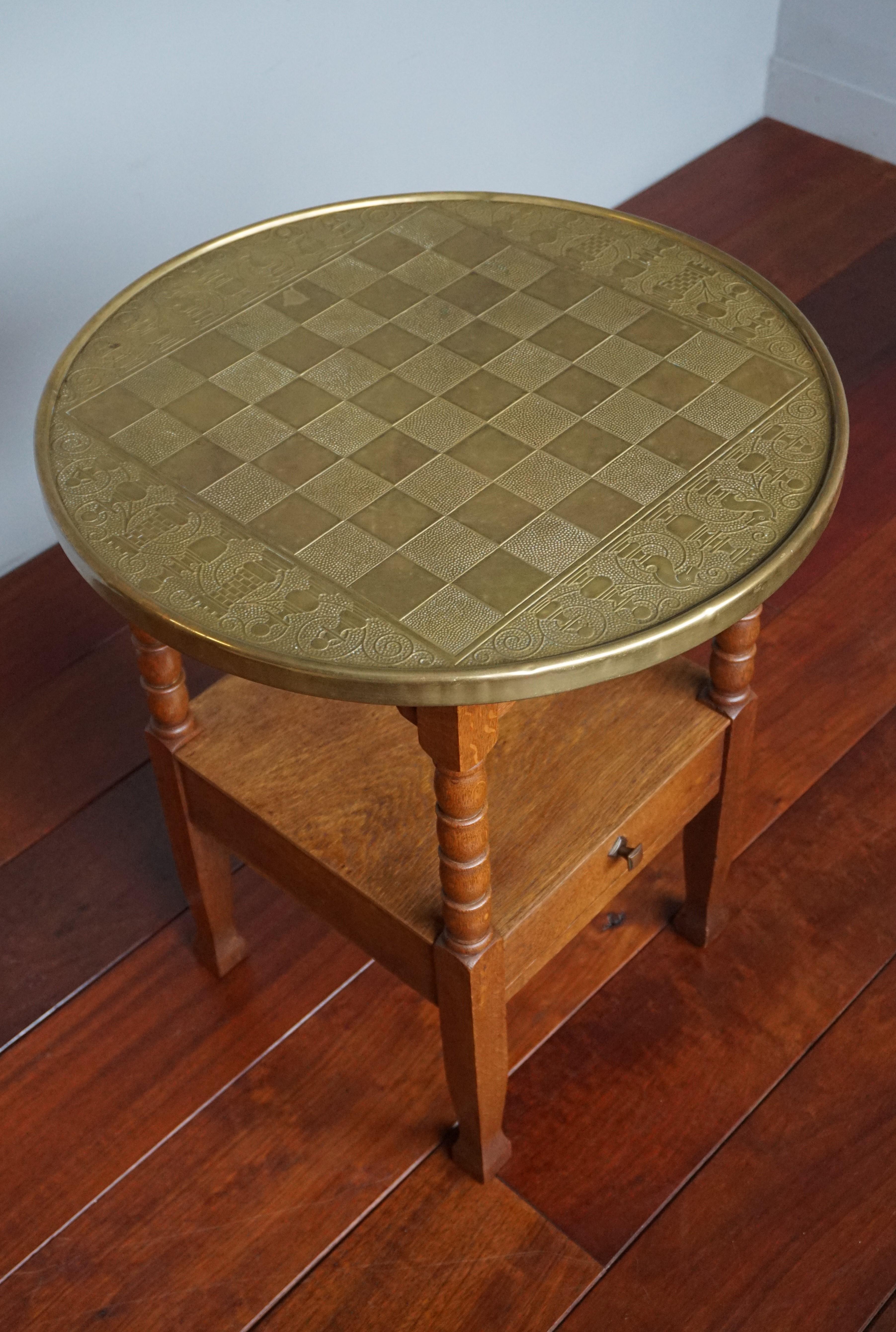 Early 1900s Dutch Arts and Crafts Chess Table with Drawer and Embossed Brass Top For Sale 5