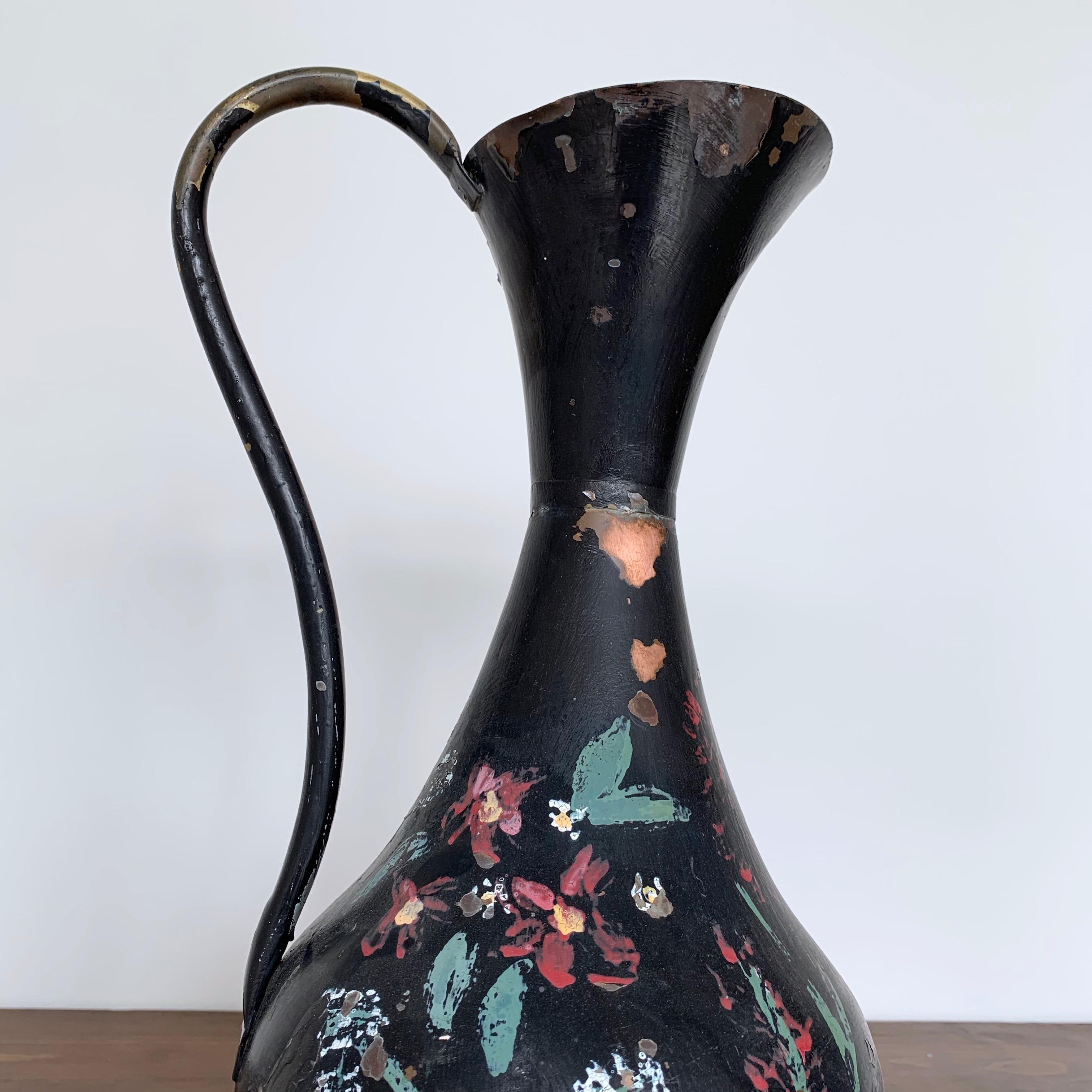 Early 1900s Elegant French Painted Copper and Brass Waterfall Jug 1