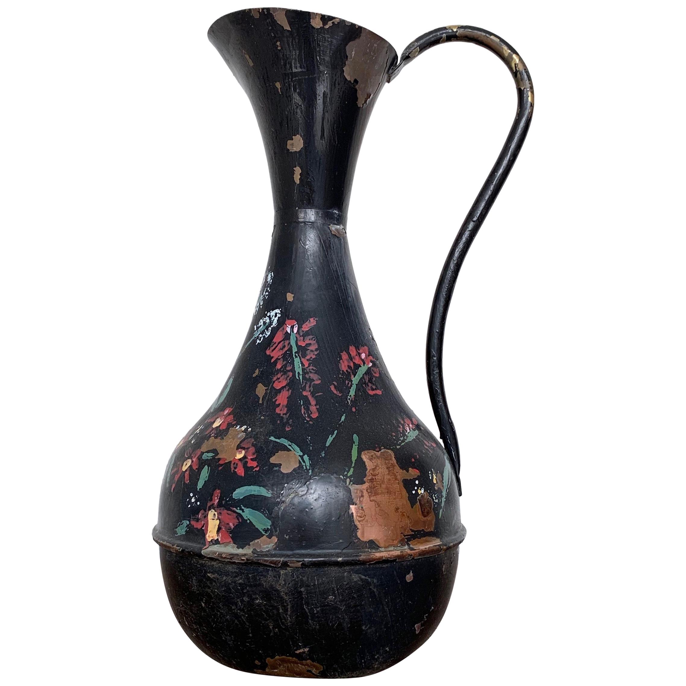 Early 1900s Elegant French Painted Copper and Brass Waterfall Jug