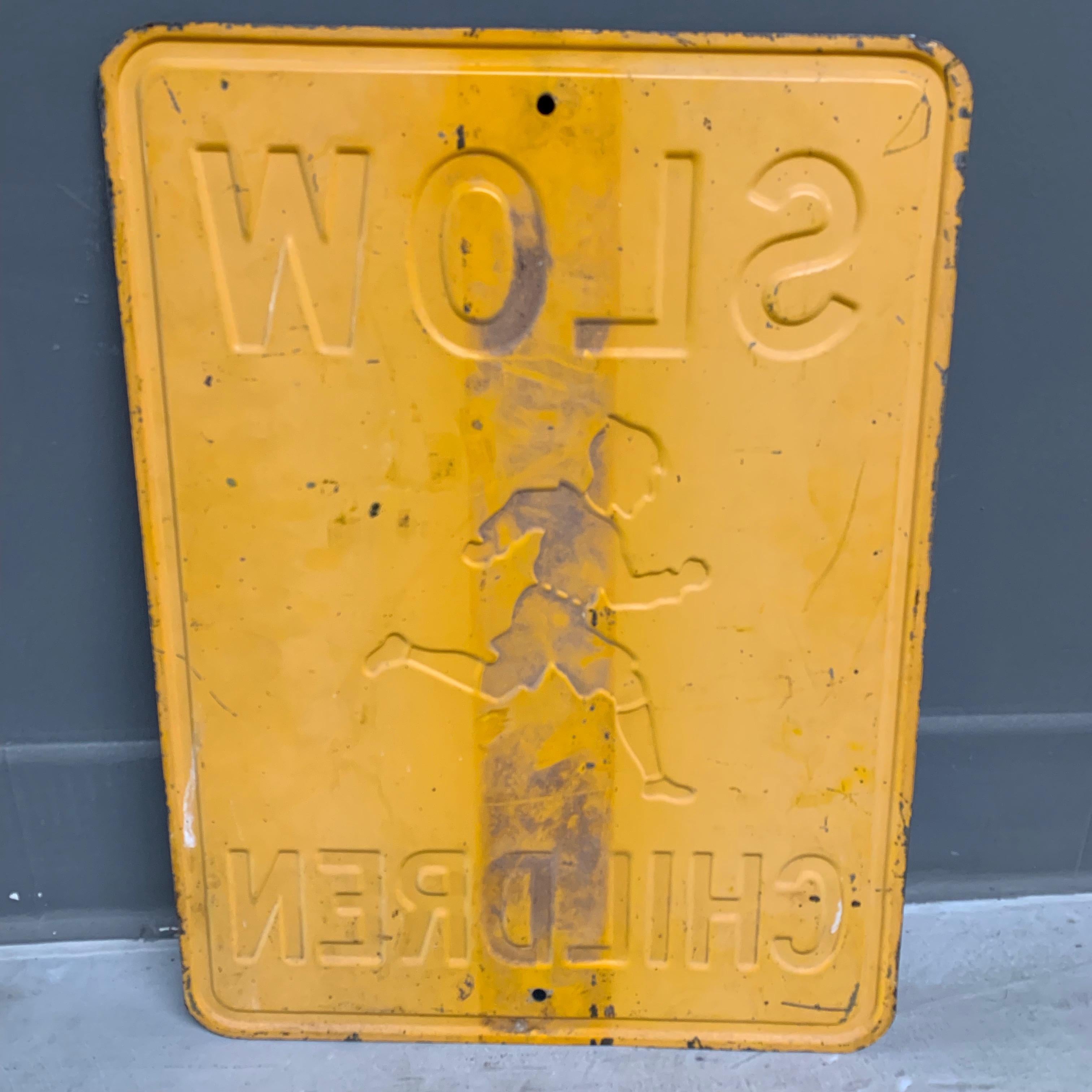 Early 1900s Embossed 'Slow Children' Sign In Good Condition For Sale In Los Angeles, CA