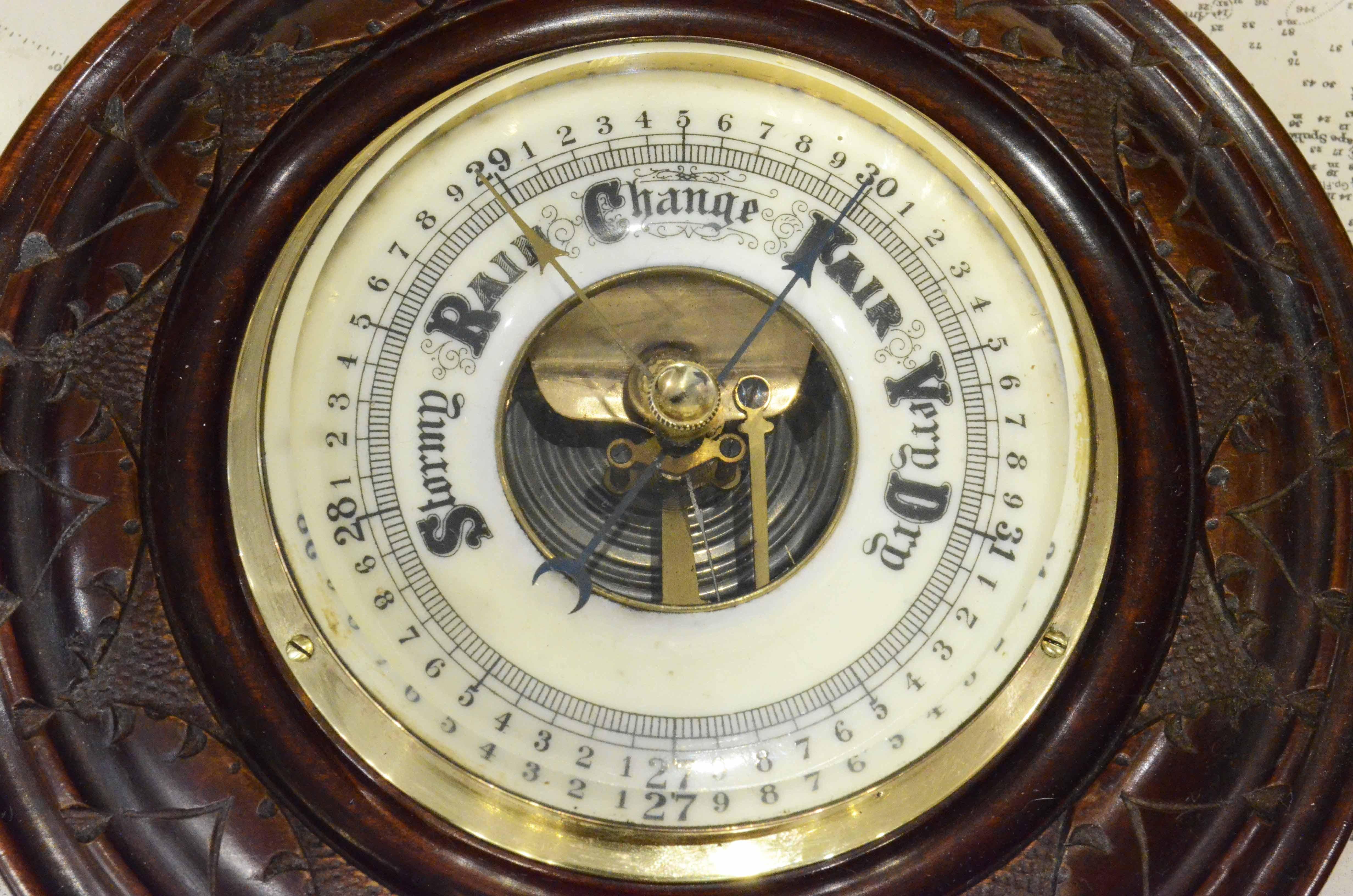 Early 20th Century Early 1900s English Antique Aneroid Wood Carved Barometer and Thermometer