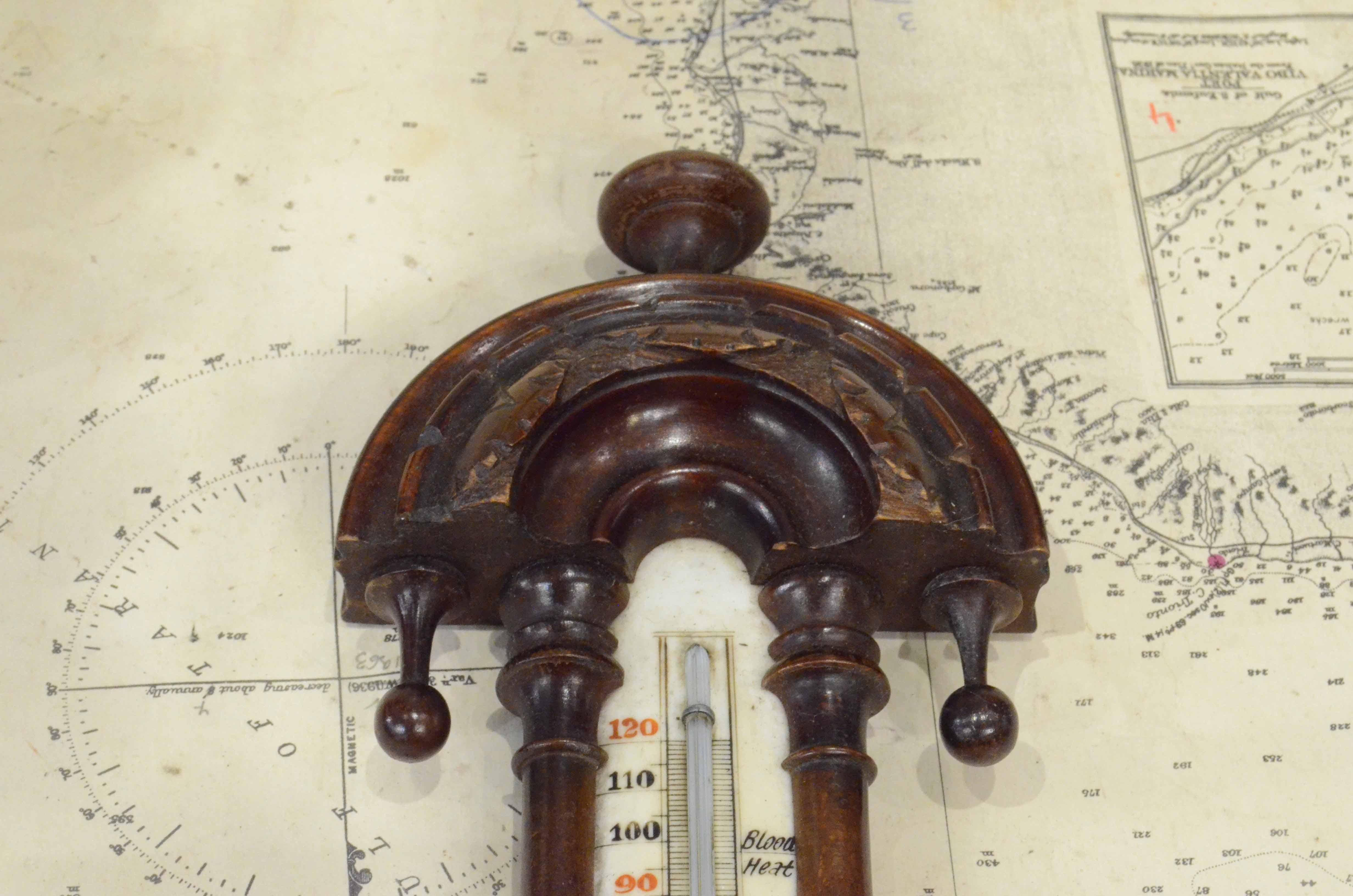 Early 1900s English Antique Aneroid Wood Carved Barometer and Thermometer 2