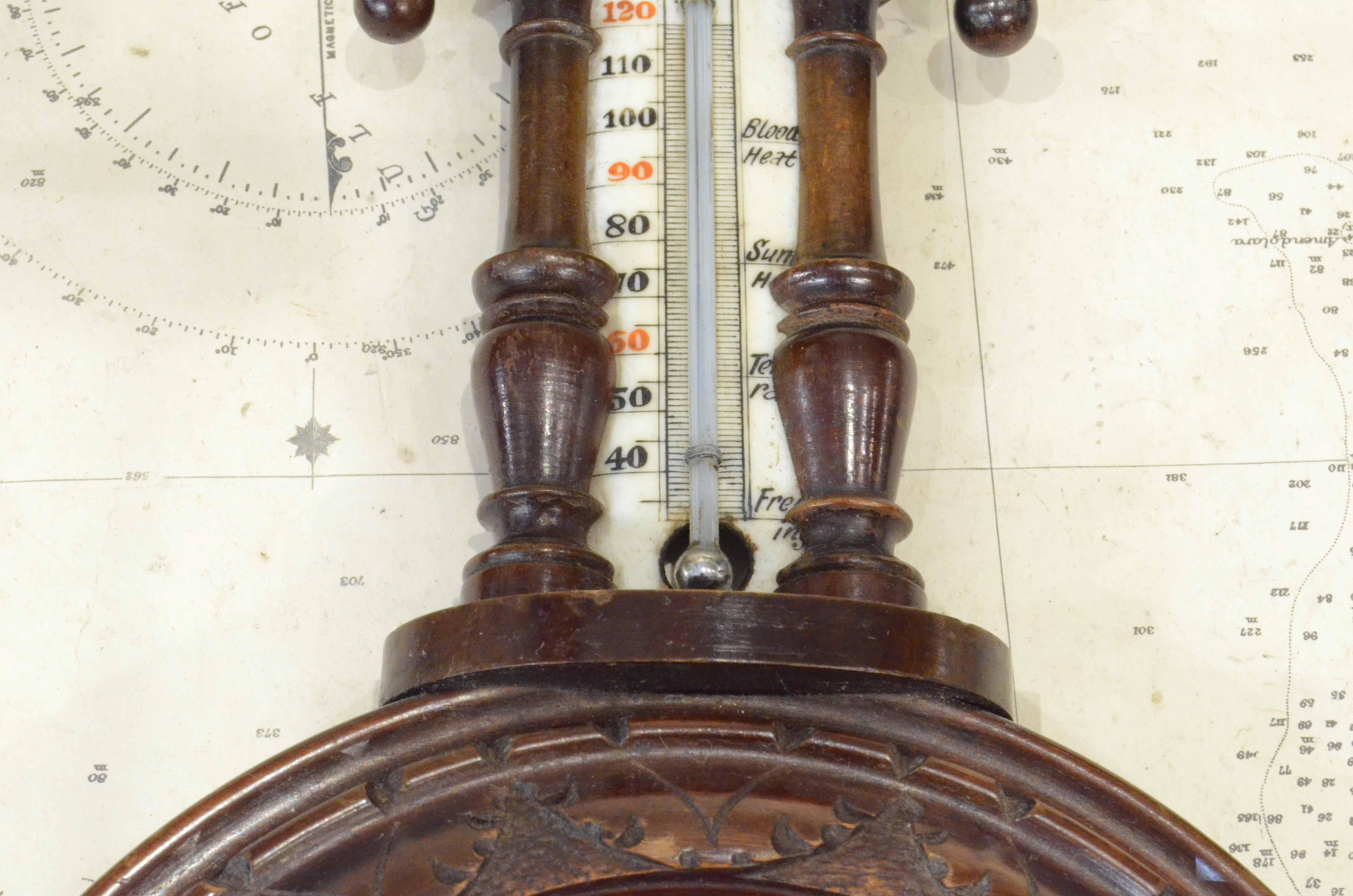 Early 1900s English Antique Aneroid Wood Carved Barometer and Thermometer 3