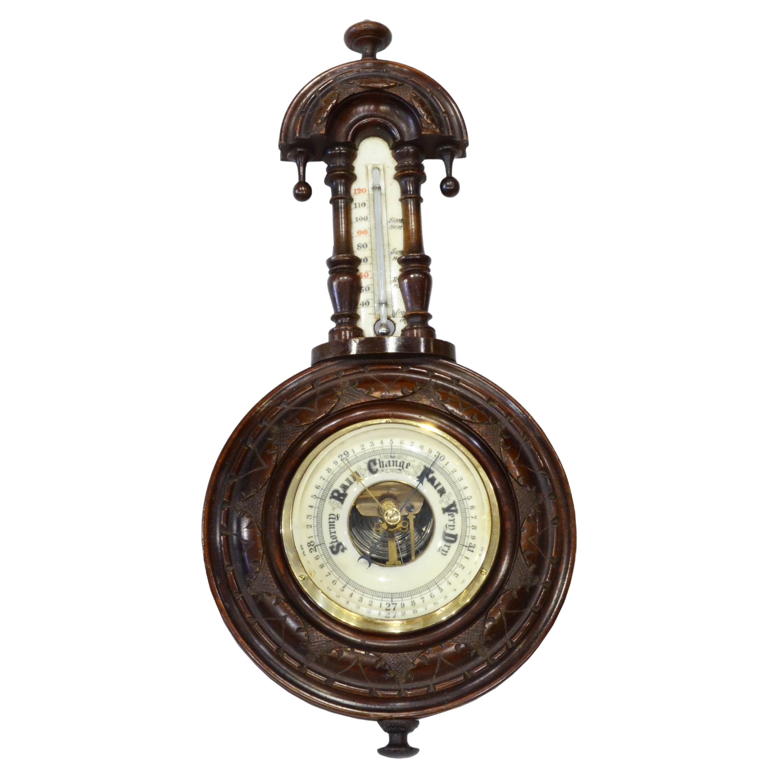 Early 1900s English Antique Aneroid Wood Carved Barometer and Thermometer