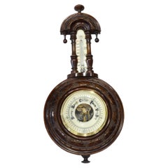 Early 1900s English Antique Aneroid Wood Carved Barometer and Thermometer