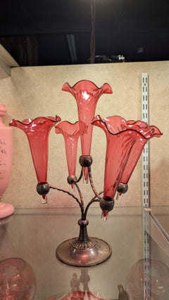 English Art Deco Silverplate Epergne with Cranberry Glass Horns, 1900