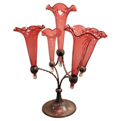 Antique Early 1900s English Silverplate Cranberry Epergne