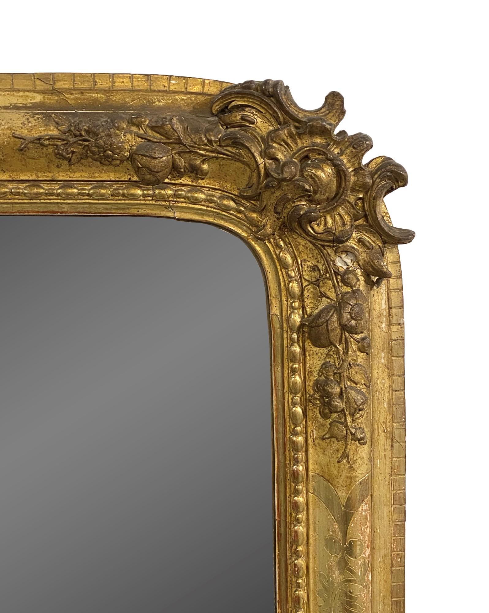 Empire Early 1900s European Gesso and Hand Carved Gilt Floral Wood Mirror
