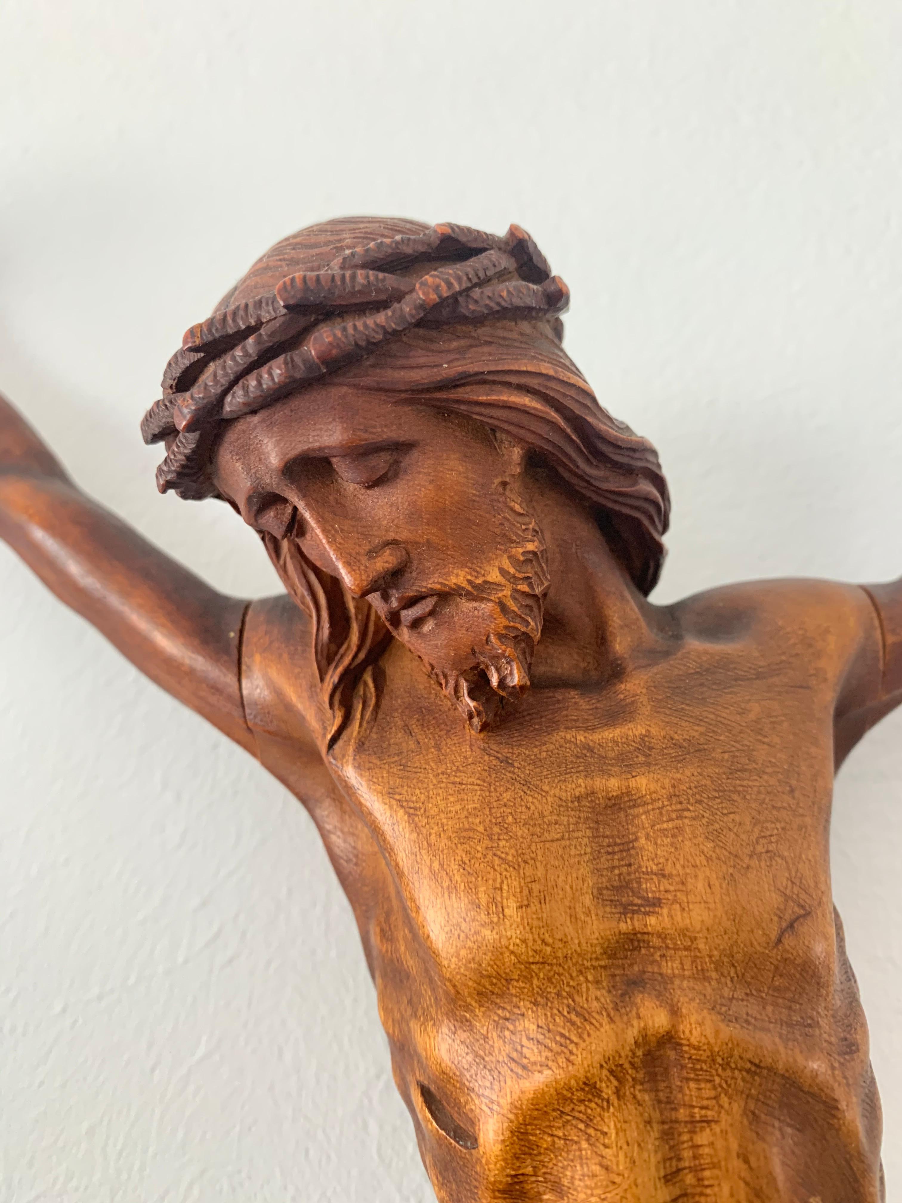 Hand-Carved Early 1900s Finest Handcarved Wood Corpus of Christ Sculpture for Wall Mounting