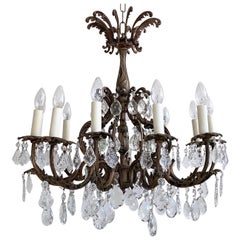 Early 1900s Floral Brass Chandelier with Flat Leaf and Harlequin Pear Drops