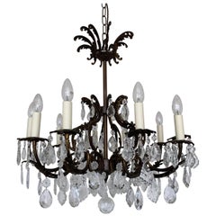 Early 1900s Floral Brass Chandelier with Flat Leaf and Harlequin Pear Drops