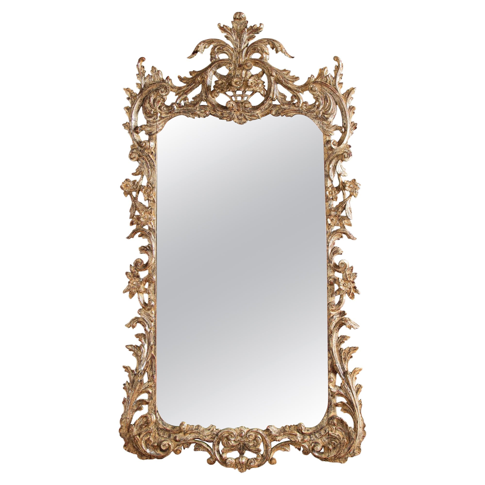 Miroir en bois doré argenté de style Florentine rococo du début des années 1900