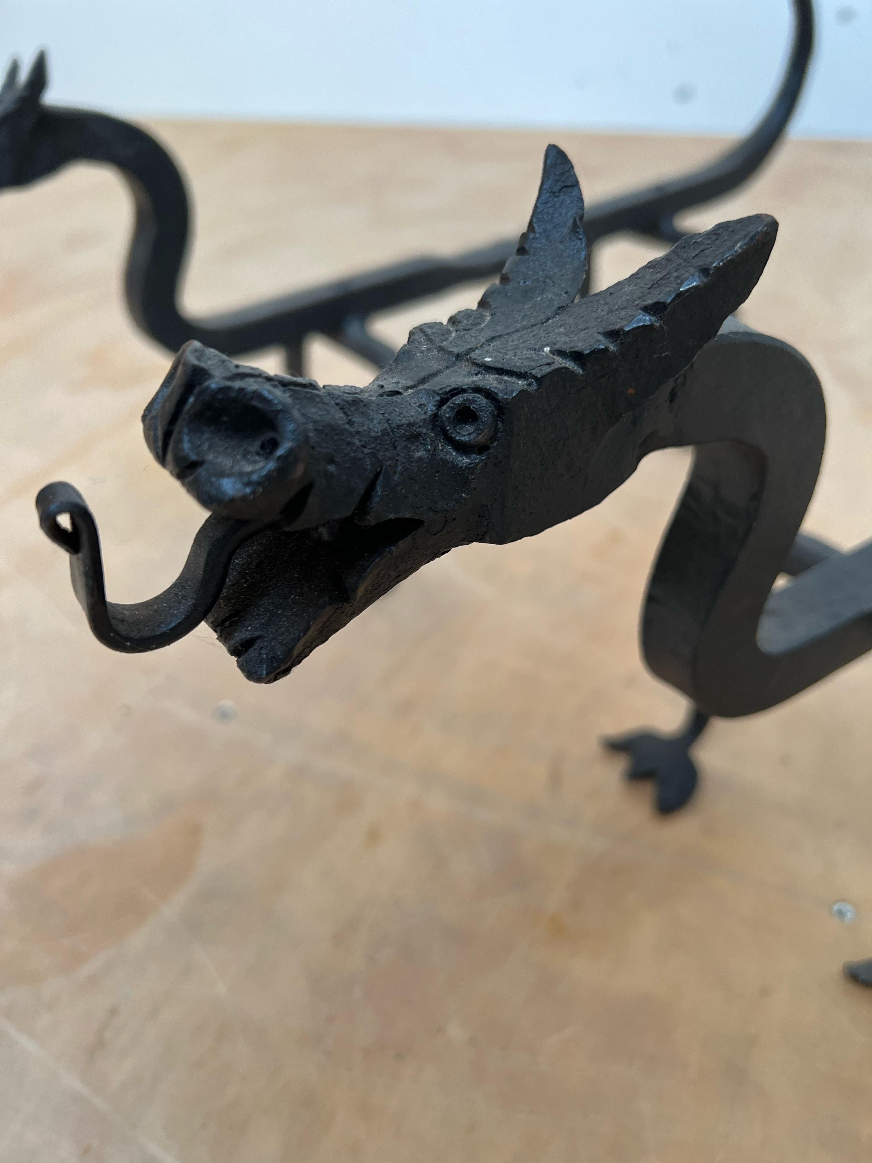 Early 1900s Forged in Fire Wrought Iron Dragon Andirons / Fireplace Firedogs 3