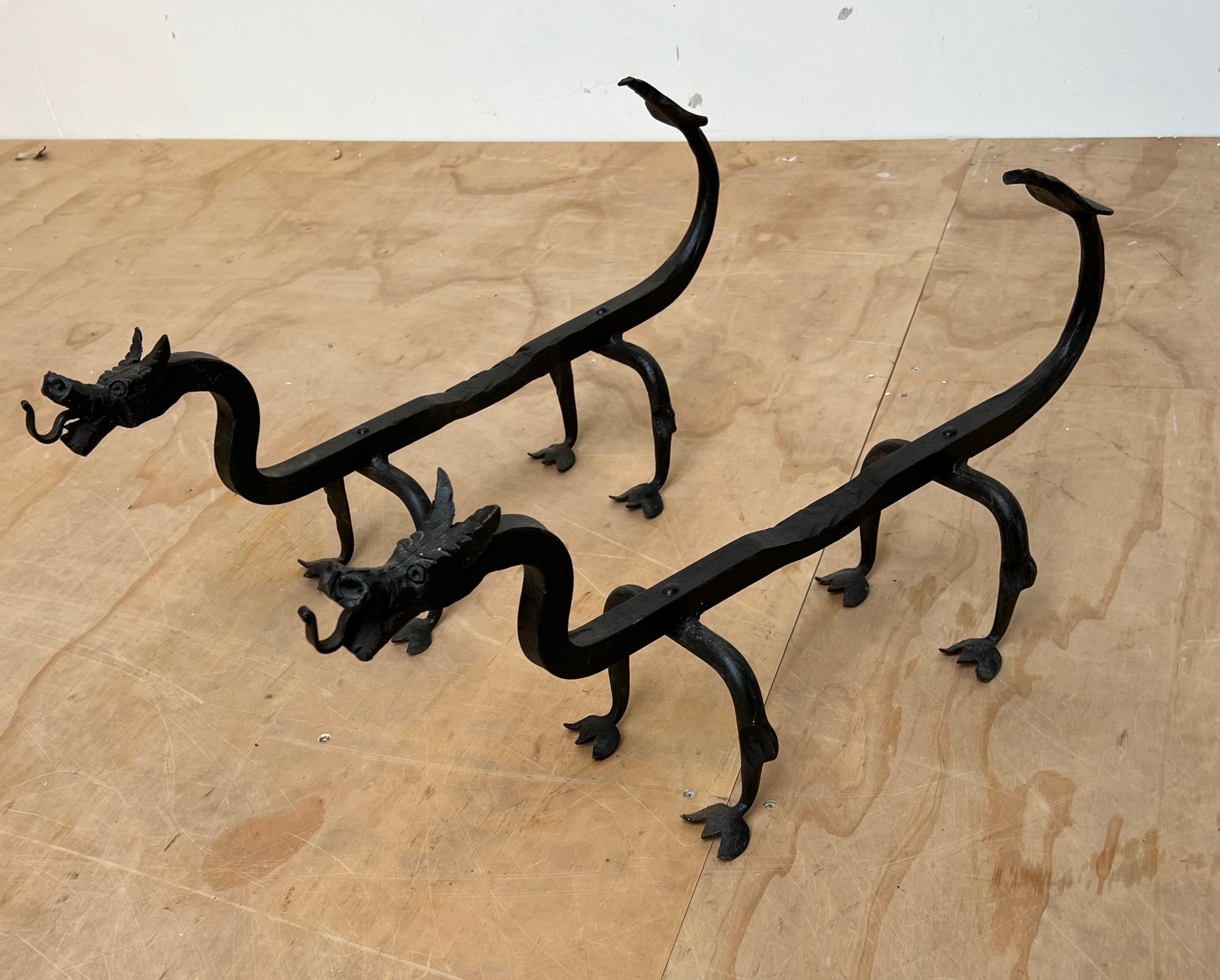 Early 1900s Forged in Fire Wrought Iron Dragon Andirons / Fireplace Firedogs 7