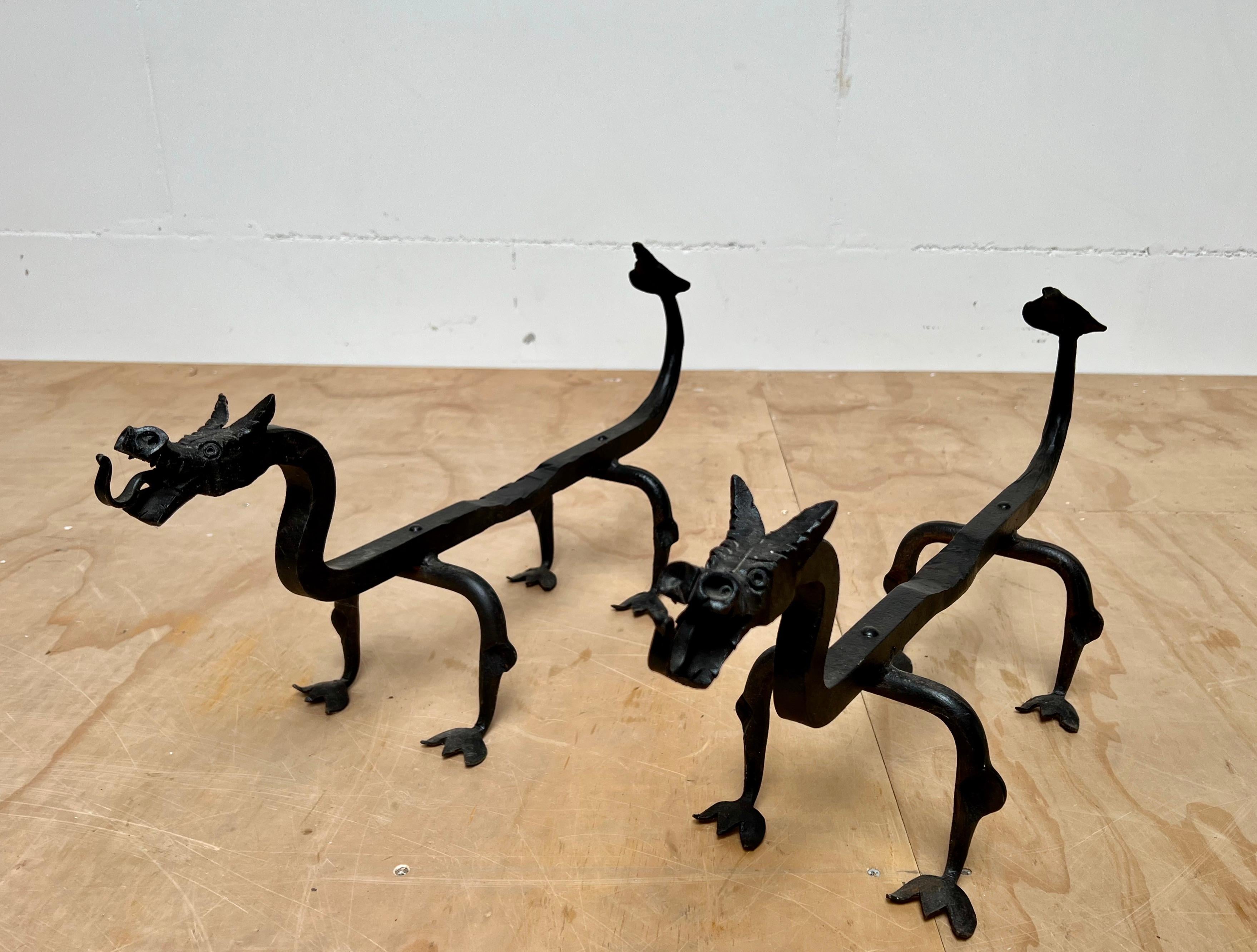 Early 1900s Forged in Fire Wrought Iron Dragon Andirons / Fireplace Firedogs 8