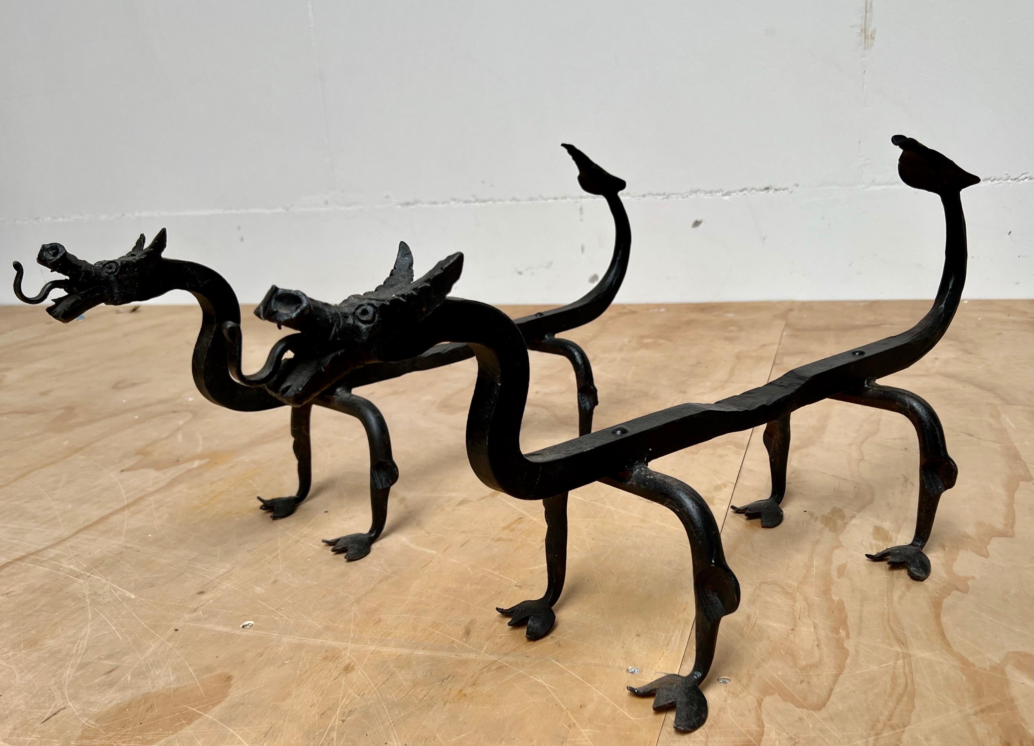 Early 1900s Forged in Fire Wrought Iron Dragon Andirons / Fireplace Firedogs 9