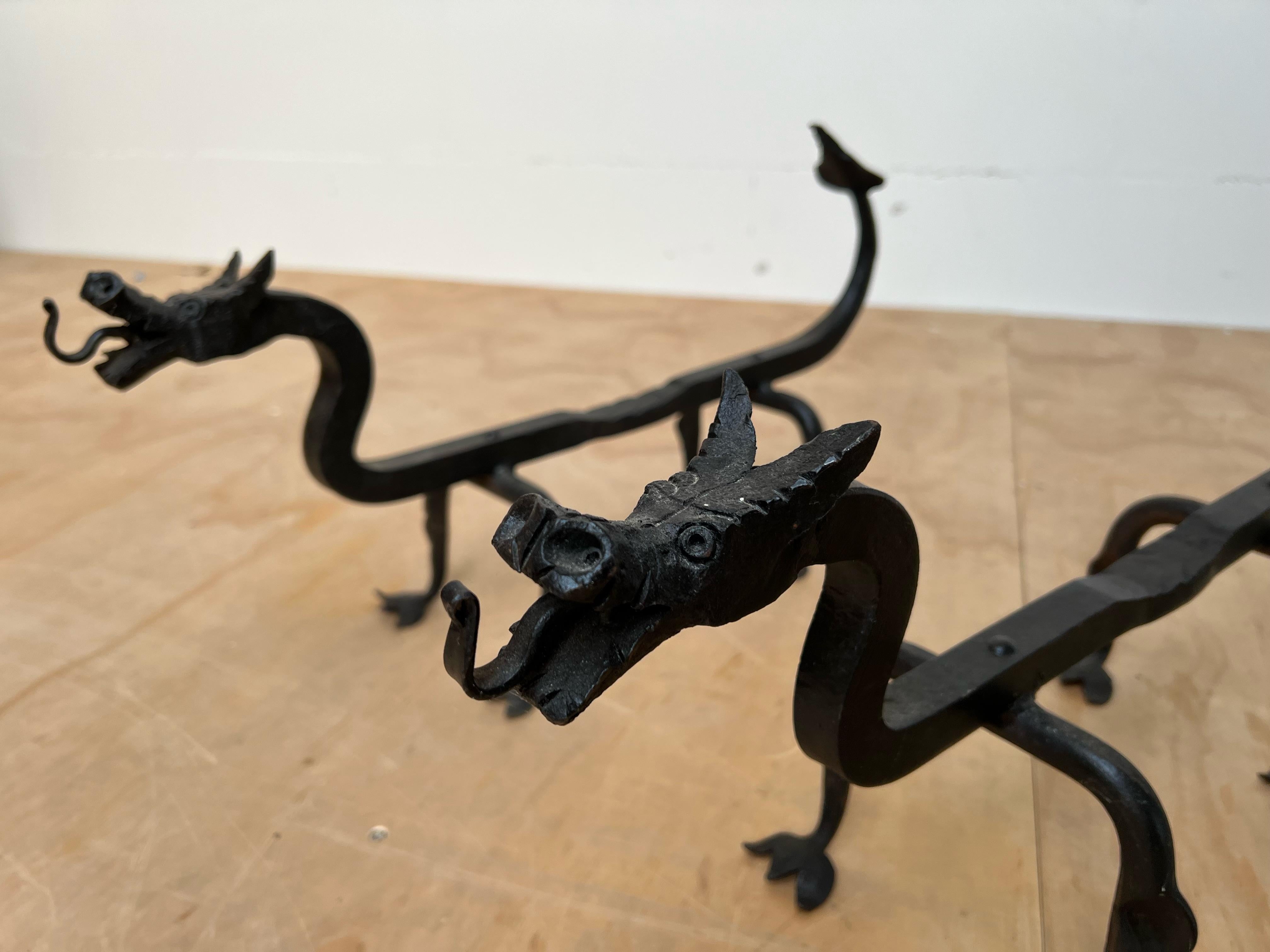 Hand-Crafted Early 1900s Forged in Fire Wrought Iron Dragon Andirons / Fireplace Firedogs