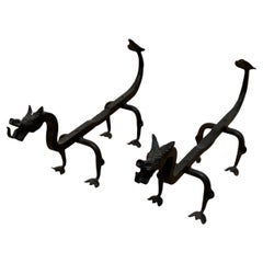 Early 1900s Forged in Fire Wrought Iron Dragon Andirons / Fireplace Firedogs