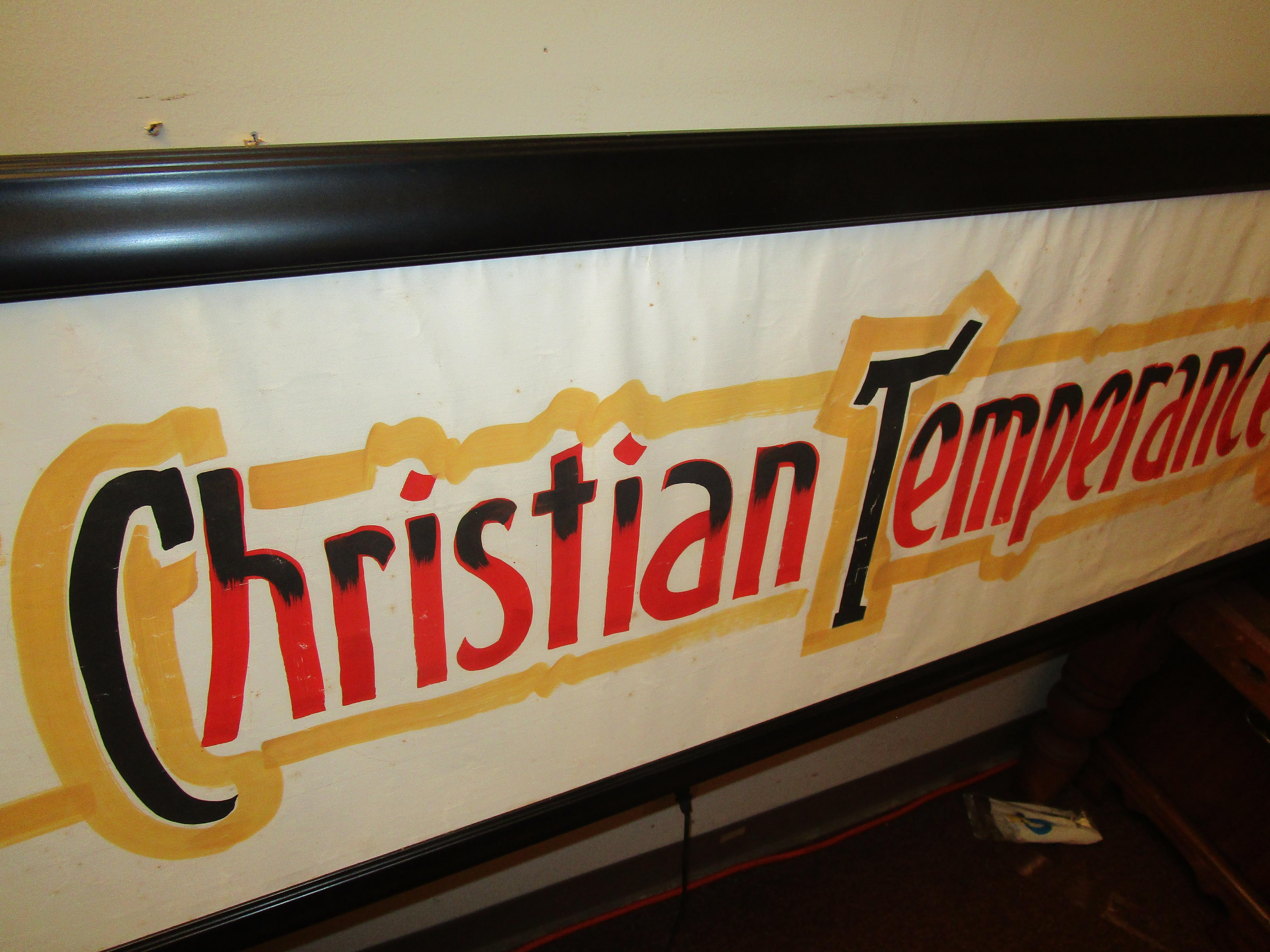 Hand-Painted Early 1900s Framed Oilcloth Temperance Sign from the Woman's Christian Union