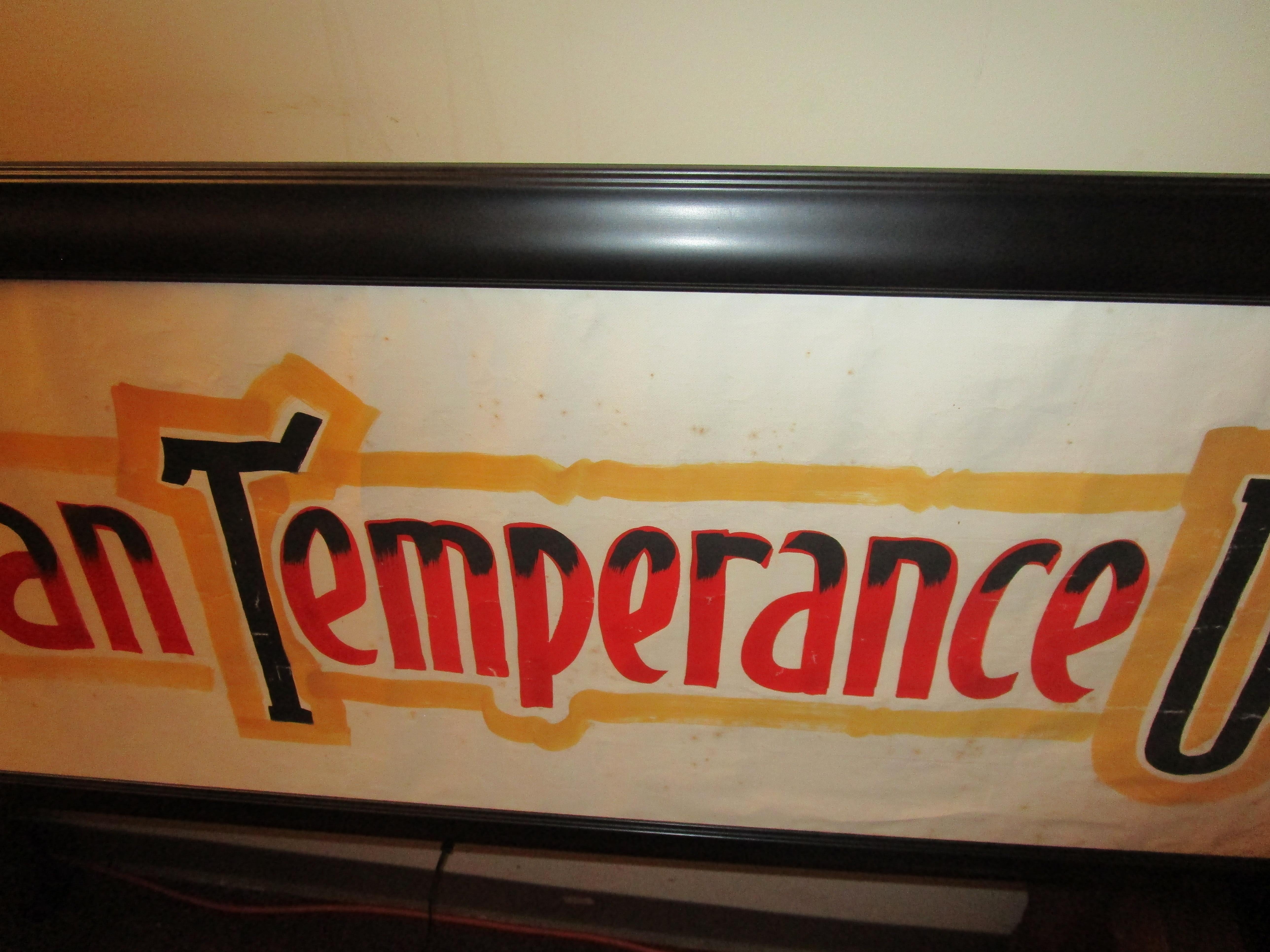 Early 1900s Framed Oilcloth Temperance Sign from the Woman's Christian Union In Good Condition In Savannah, GA