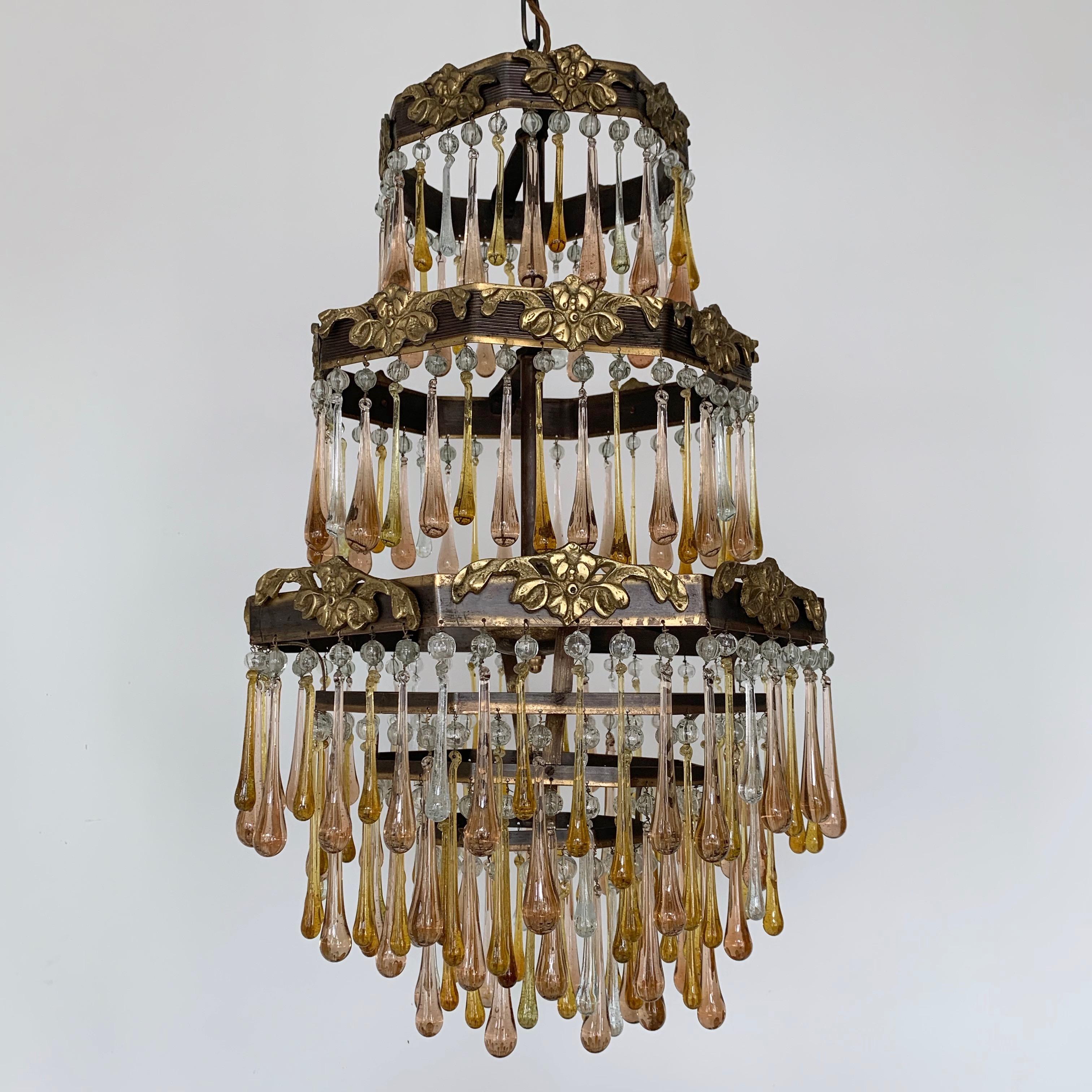 Early 20th Century Early 1900s French Brass Waterfall Chandelier Frame Dressed in Peach and Amber For Sale