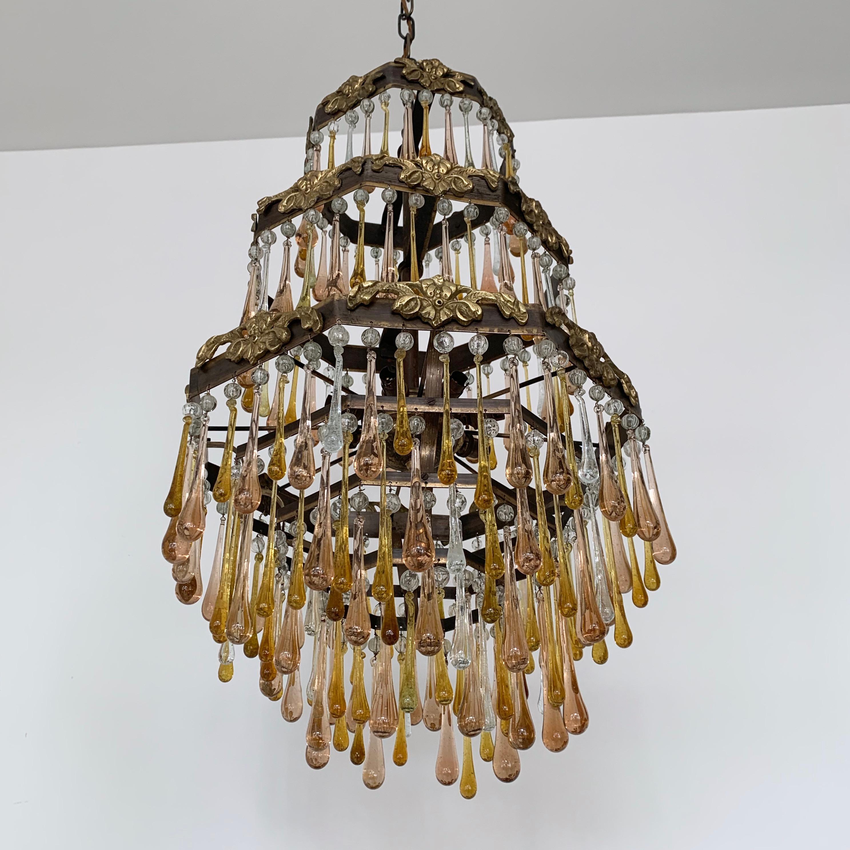 Early 1900s French Brass Waterfall Chandelier Frame Dressed in Peach and Amber For Sale 1