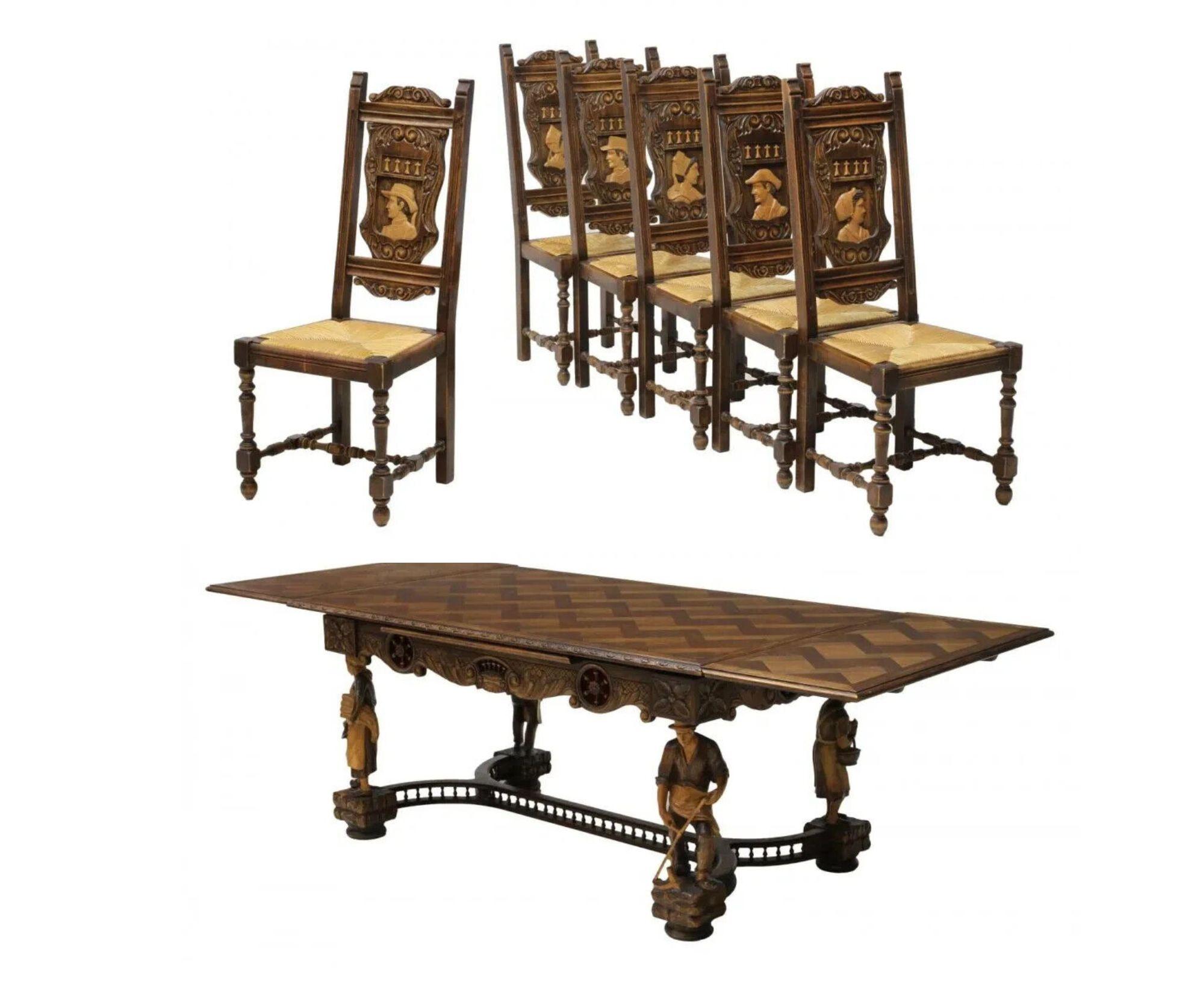Early 1900s French Breton, Set of 8, Sideboard, Table, 6 Chairs, Dining Set!! 6