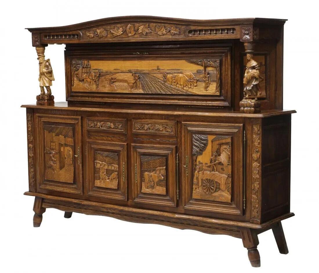 Stunning 8 Piece Dining Set, French Breton, Sideboard, Table, 6 chairs, Set 0f 8, early 1900s, 20th Century!

1.  Lot of 6 French dining chairs, Breton, 20th c., each with a foliate carved crest rail over a figural carved splat, each figure