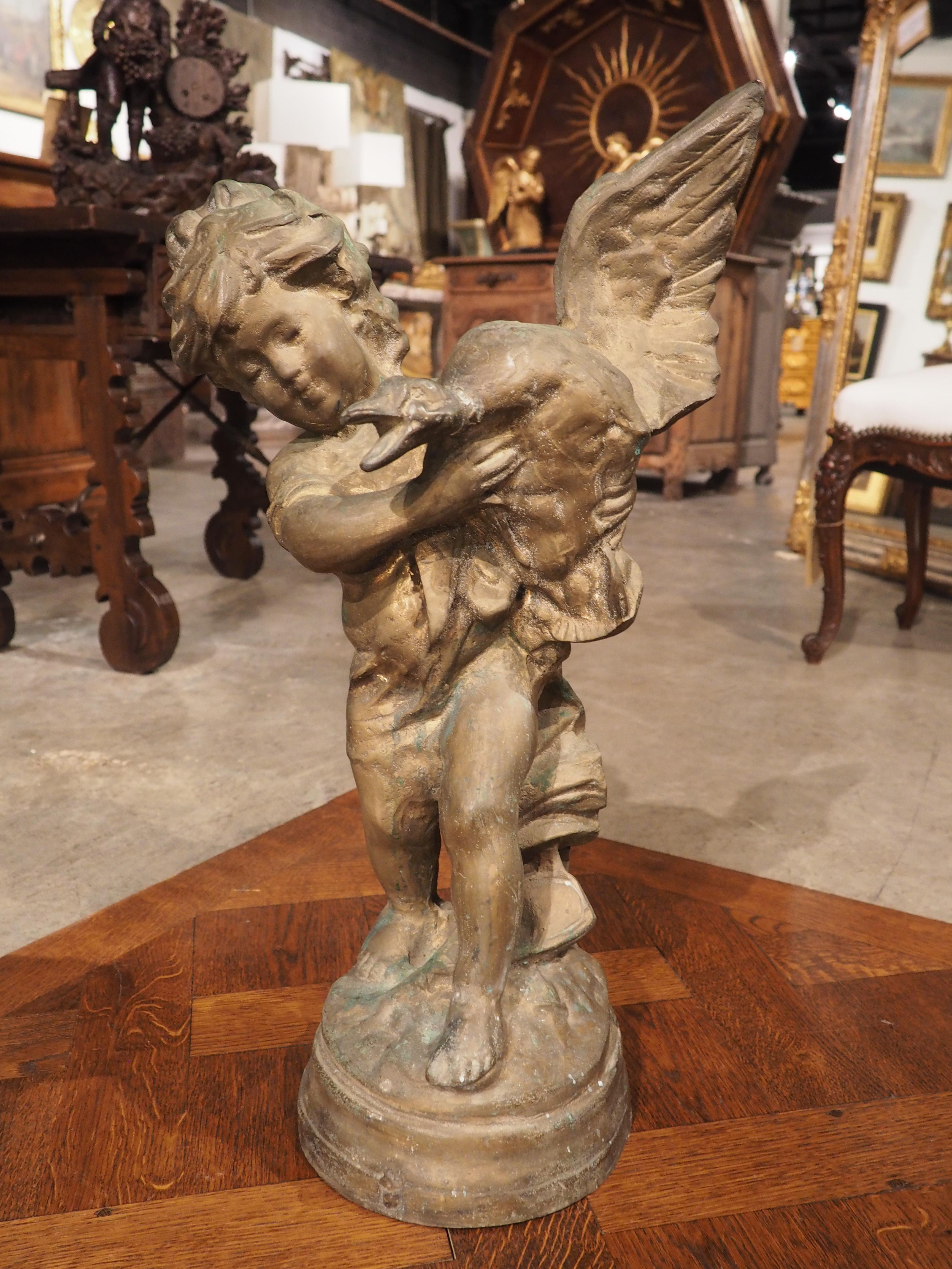 Early 1900s French Bronze Statue of Boy and Duck 11