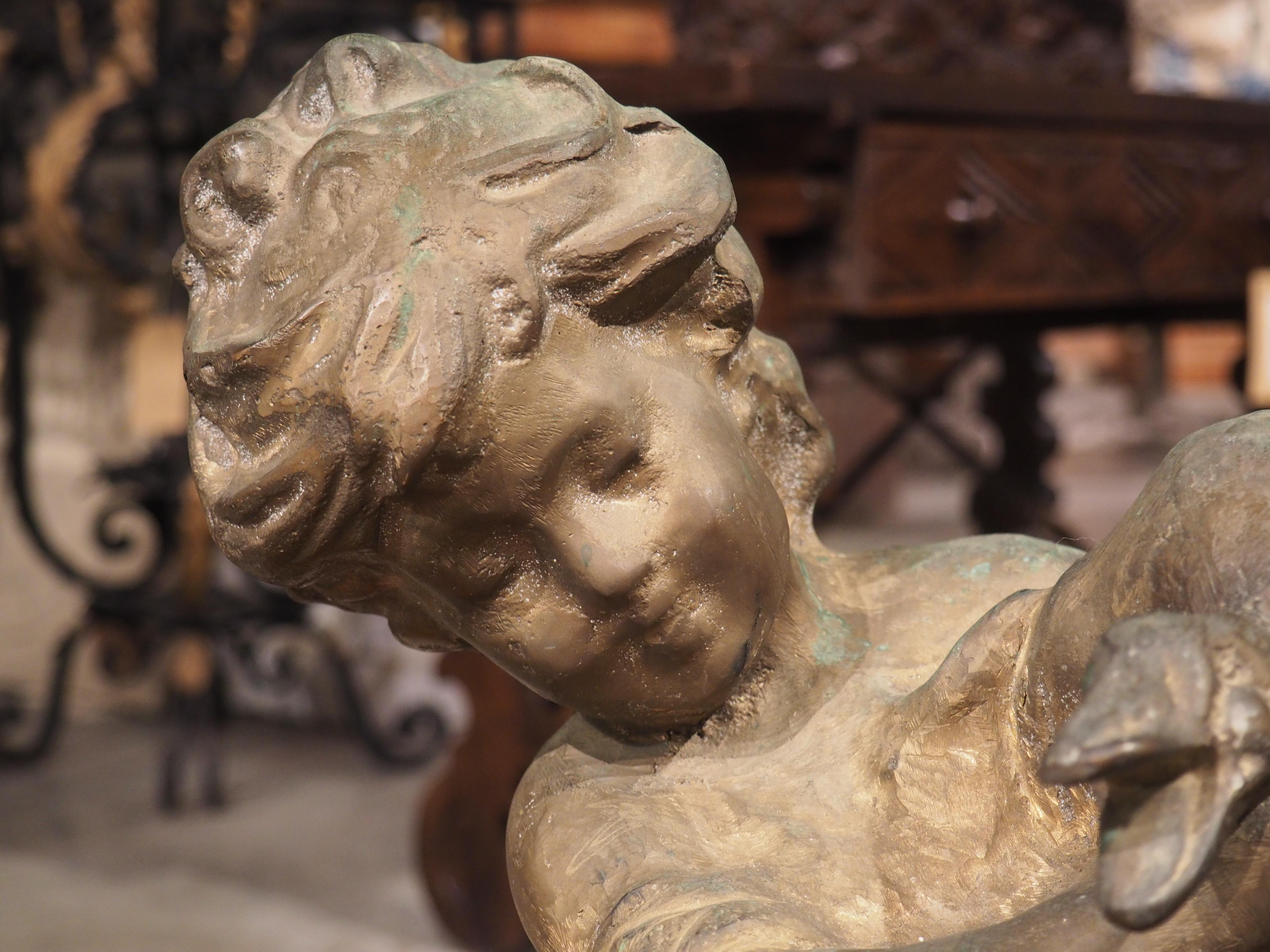 Early 1900s French Bronze Statue of Boy and Duck In Good Condition For Sale In Dallas, TX