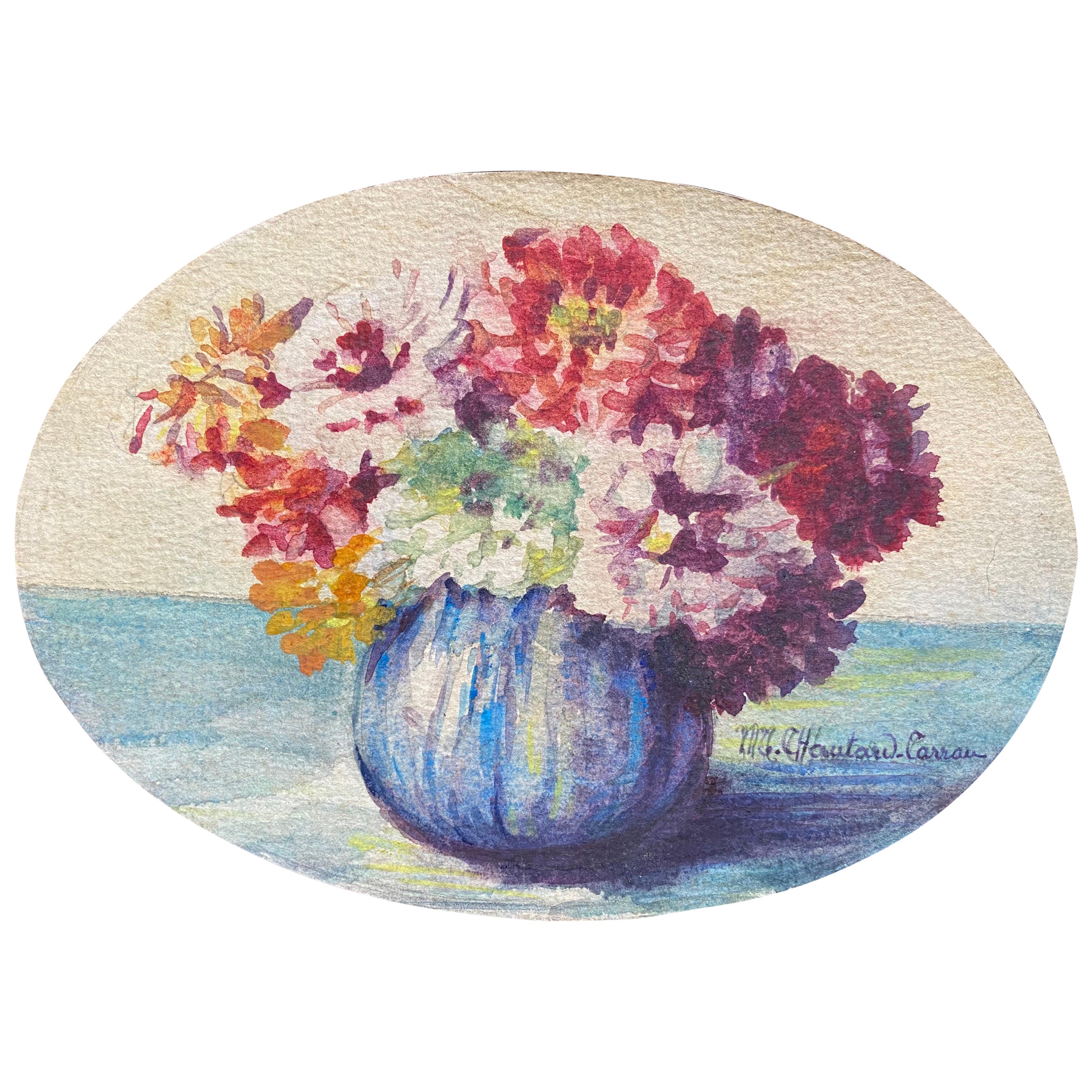 Aquarelle à fleurs signée de Marie Carreau, impressionniste française, début des années 1900