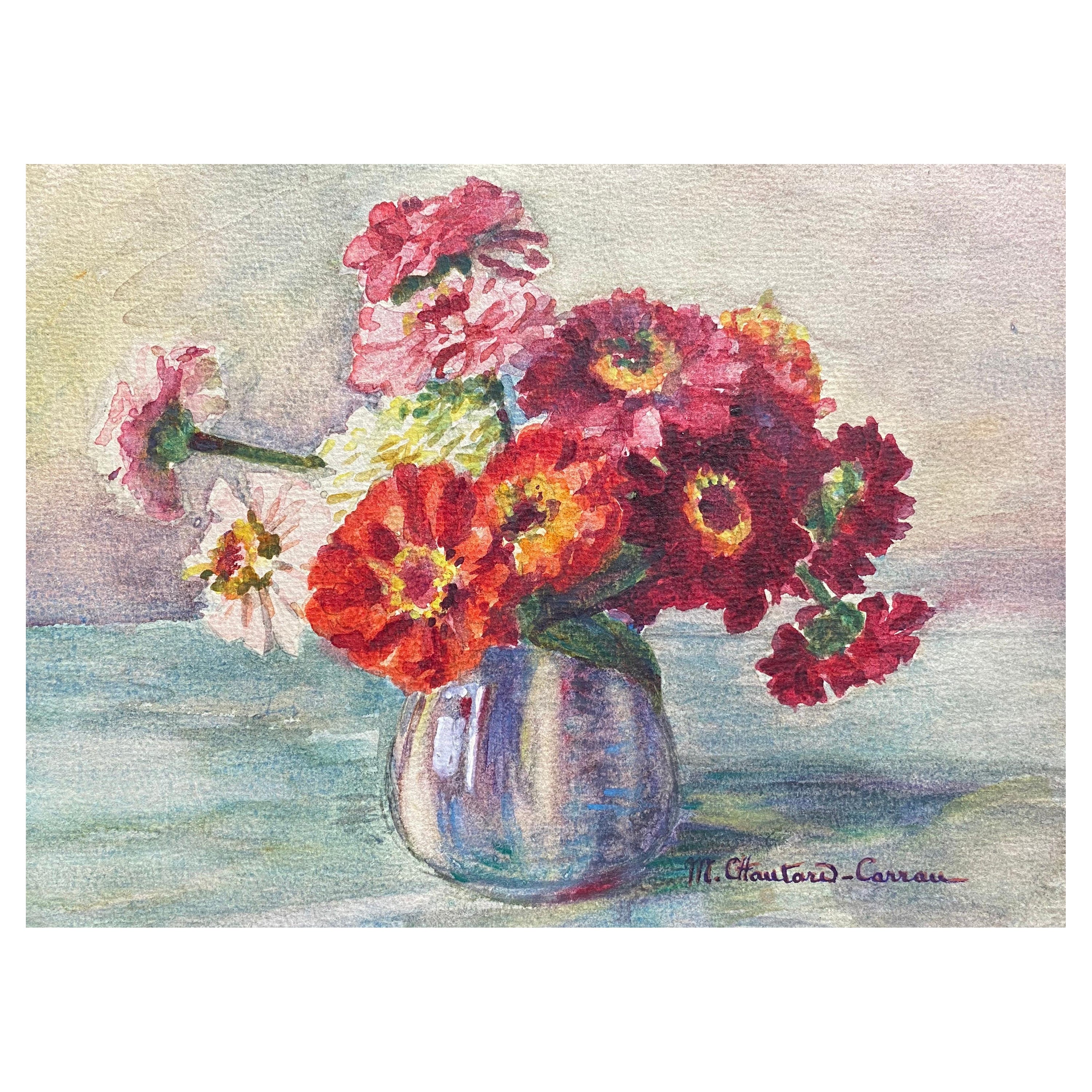 Aquarelle à fleurs signée de Marie Carreau, impressionniste française, début des années 1900