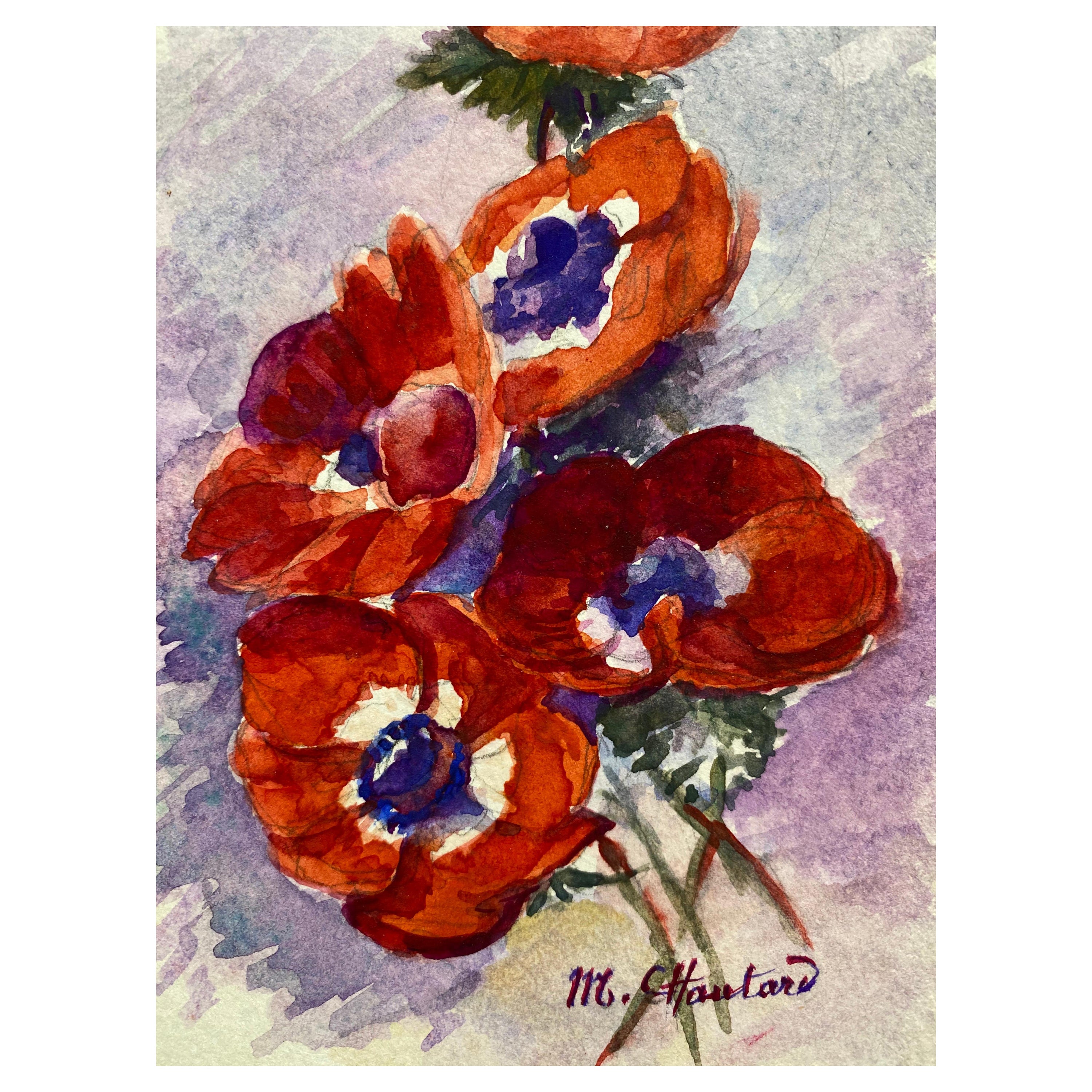 Aquarelle à fleurs signée de Marie Carreau, impressionniste française, début des années 1900 en vente