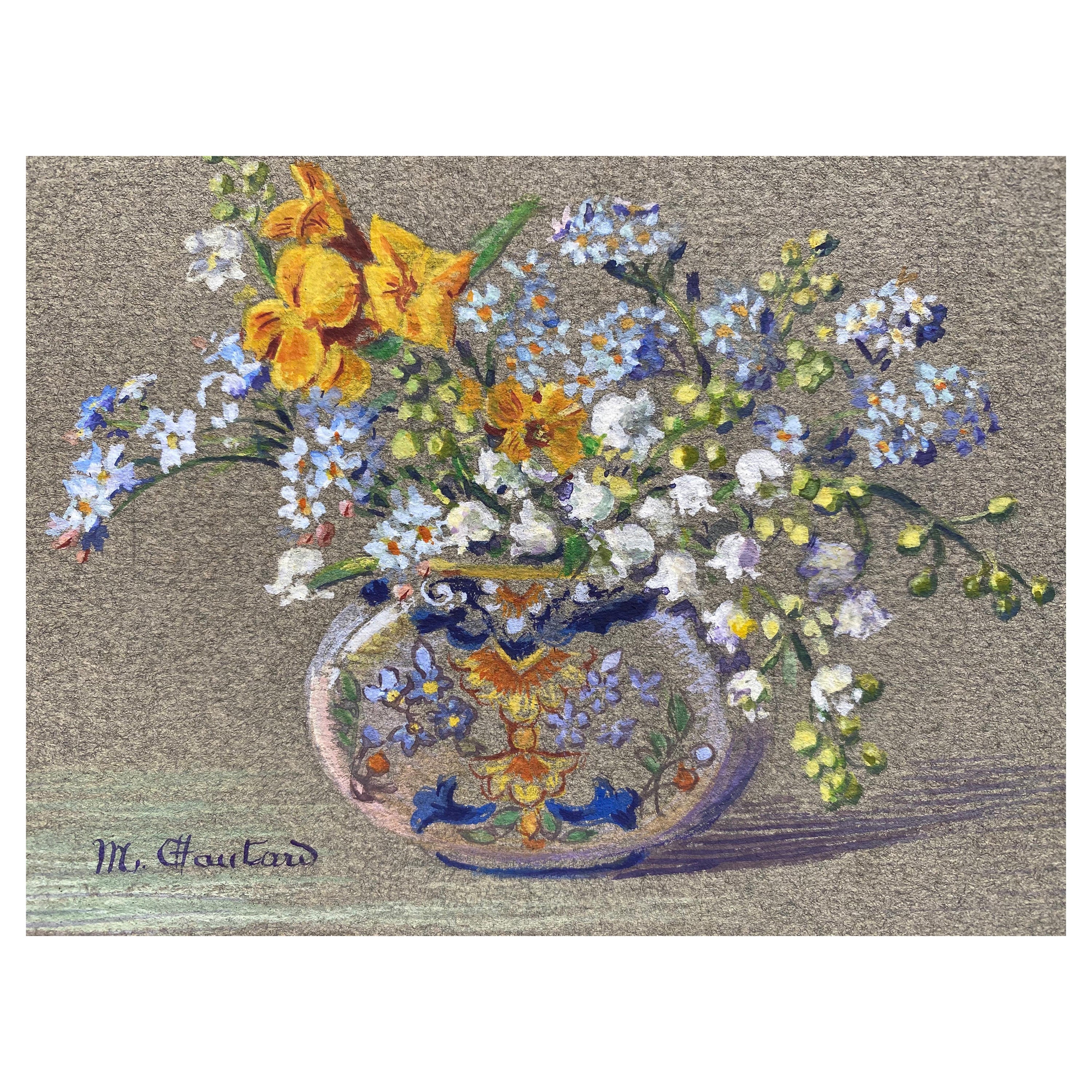 Aquarelle à fleurs signée de Marie Carreau, impressionniste française, début des années 1900
