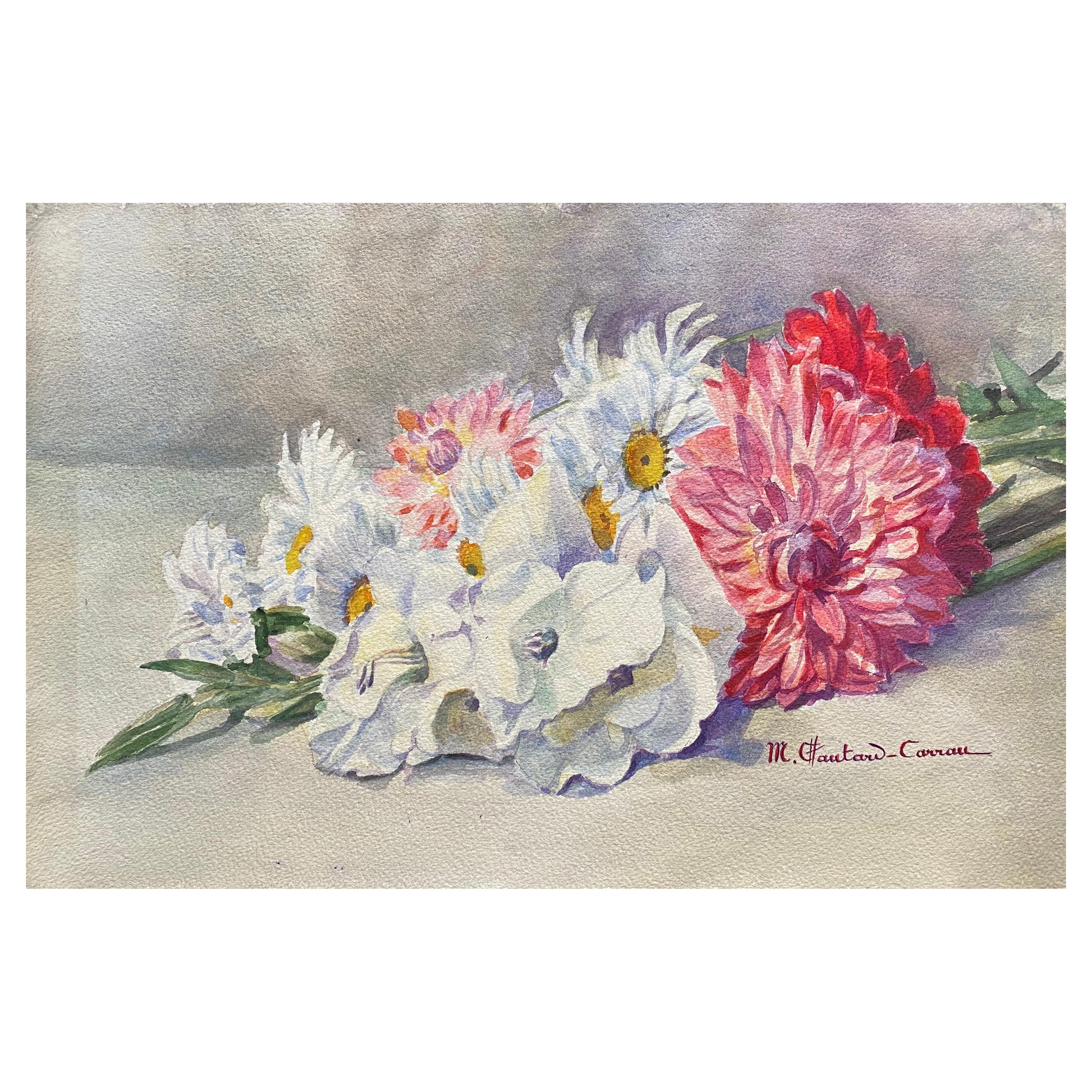 Französischer Impressionist aus den frühen 1900er Jahren, signiertes Blumenaquarell von Marie Carreau