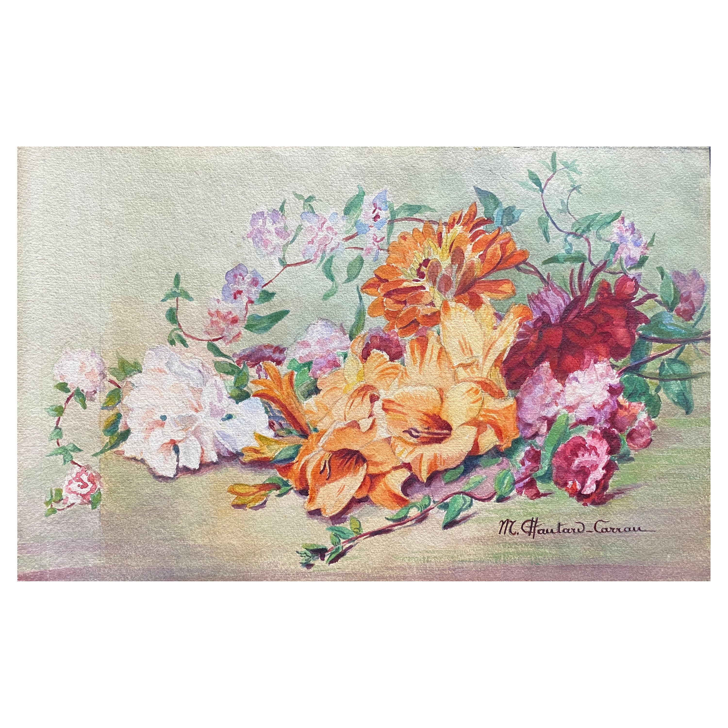 Aquarelle à fleurs signée de Marie Carreau, impressionniste française, début des années 1900