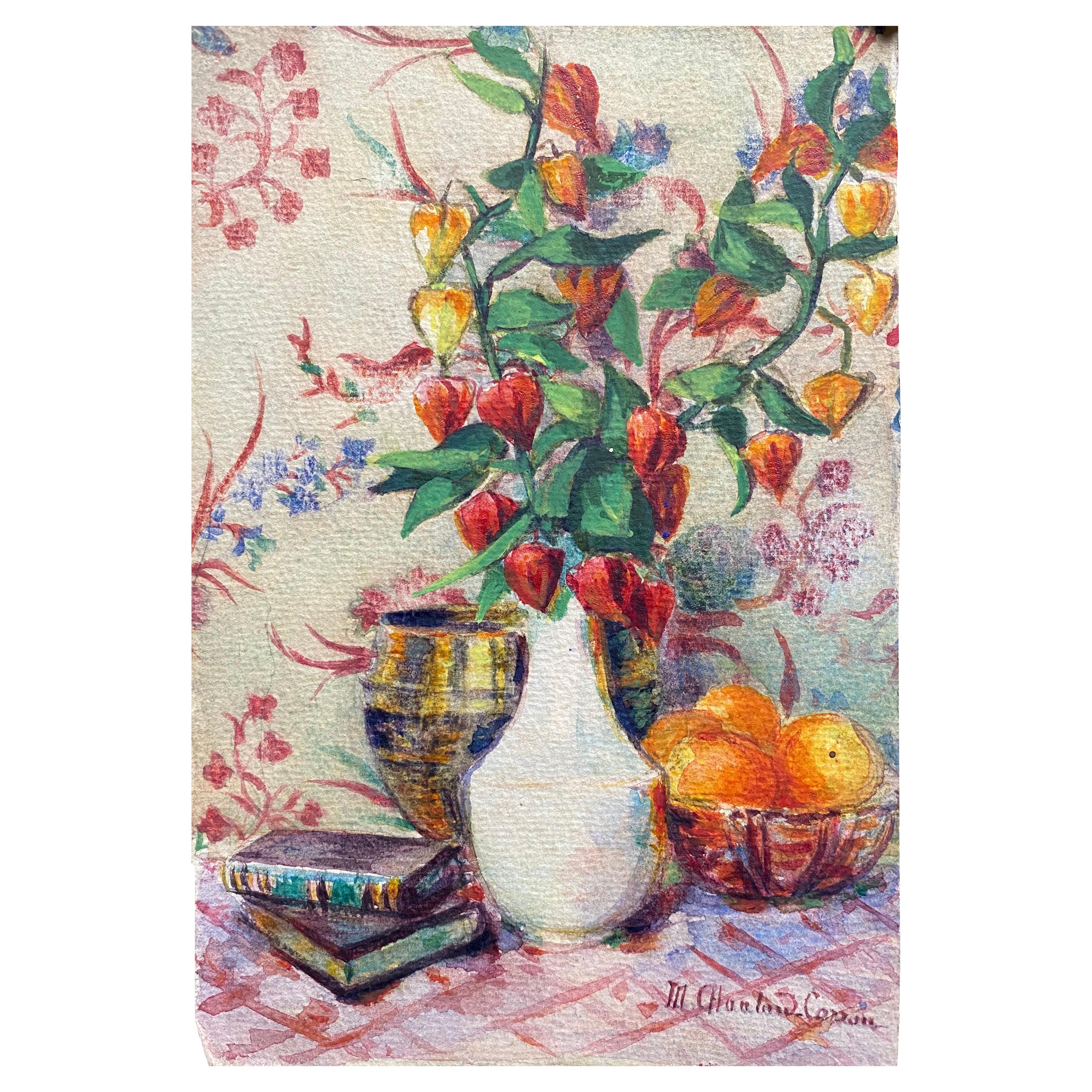 Aquarelle à fleurs signée de Marie Carreau, impressionniste française, début des années 1900