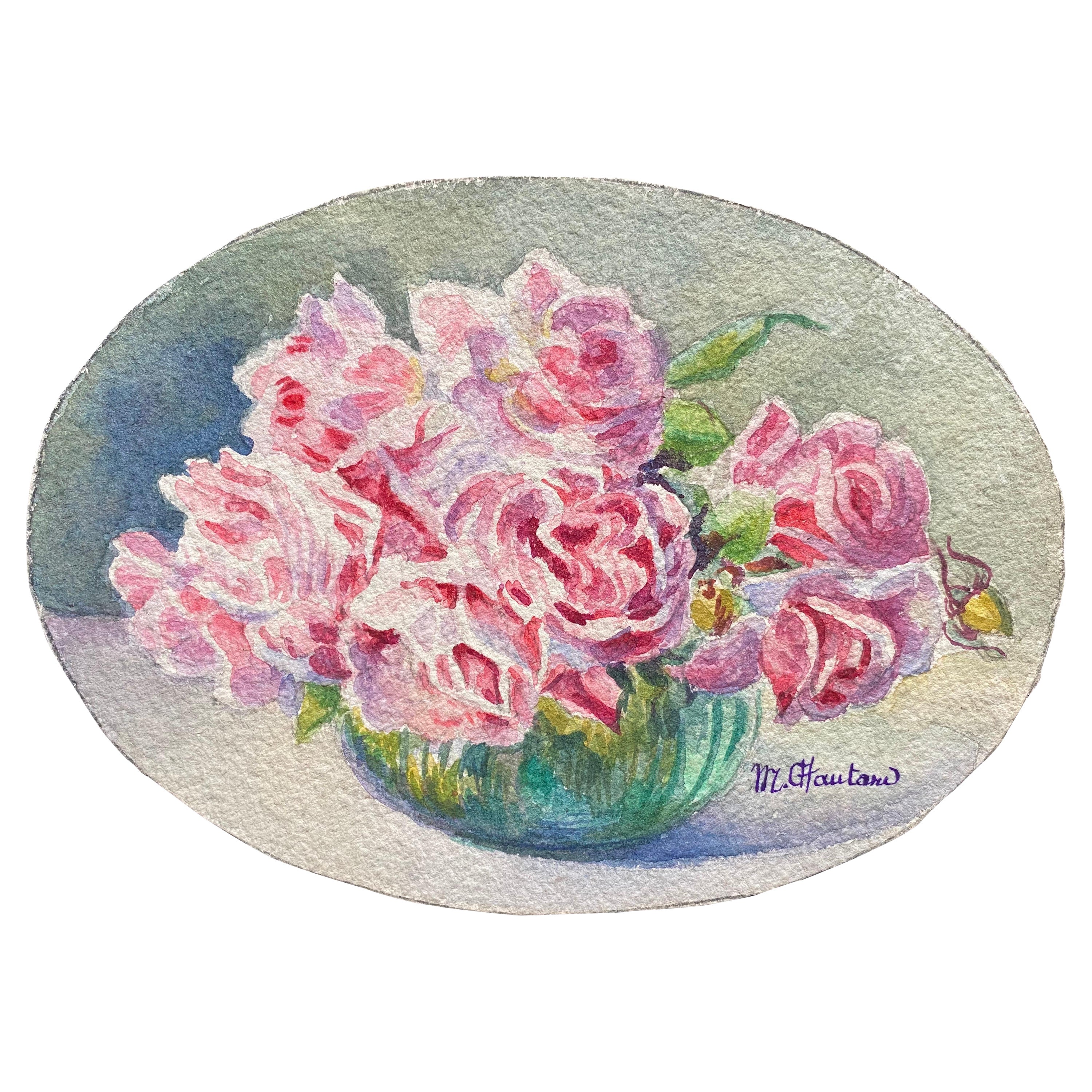 Aquarelle à fleurs signée de Marie Carreau, impressionniste française, début des années 1900