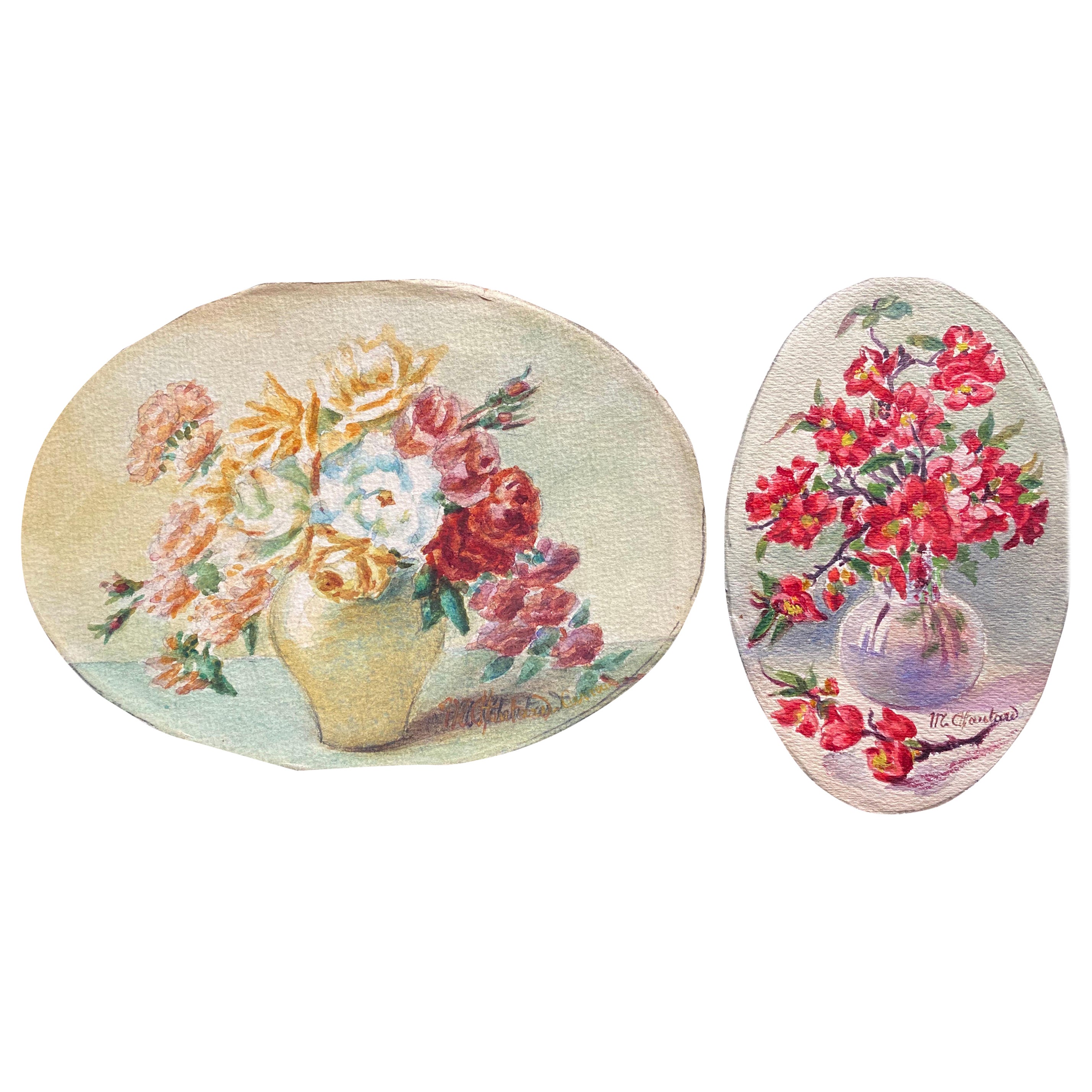 Aquarelles de fleurs signées par l'impressionniste française Marie Carreau du début des années 1900